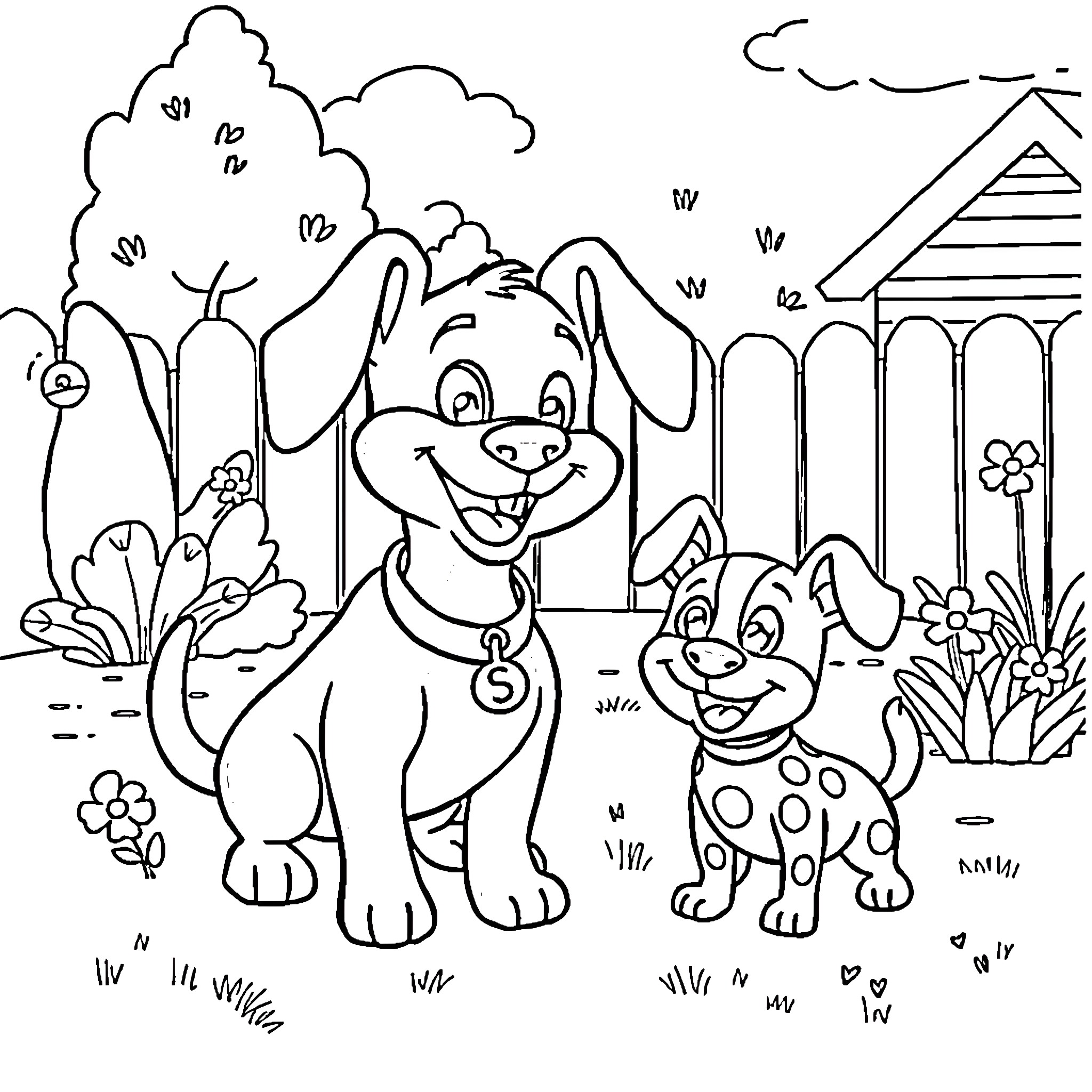 Bluey and friends explore the cheerful garden Coloring Page (free black-and-white line drawing printable PDF for all, from beginners to advanced learners, including children, teens, adults, and seniors)