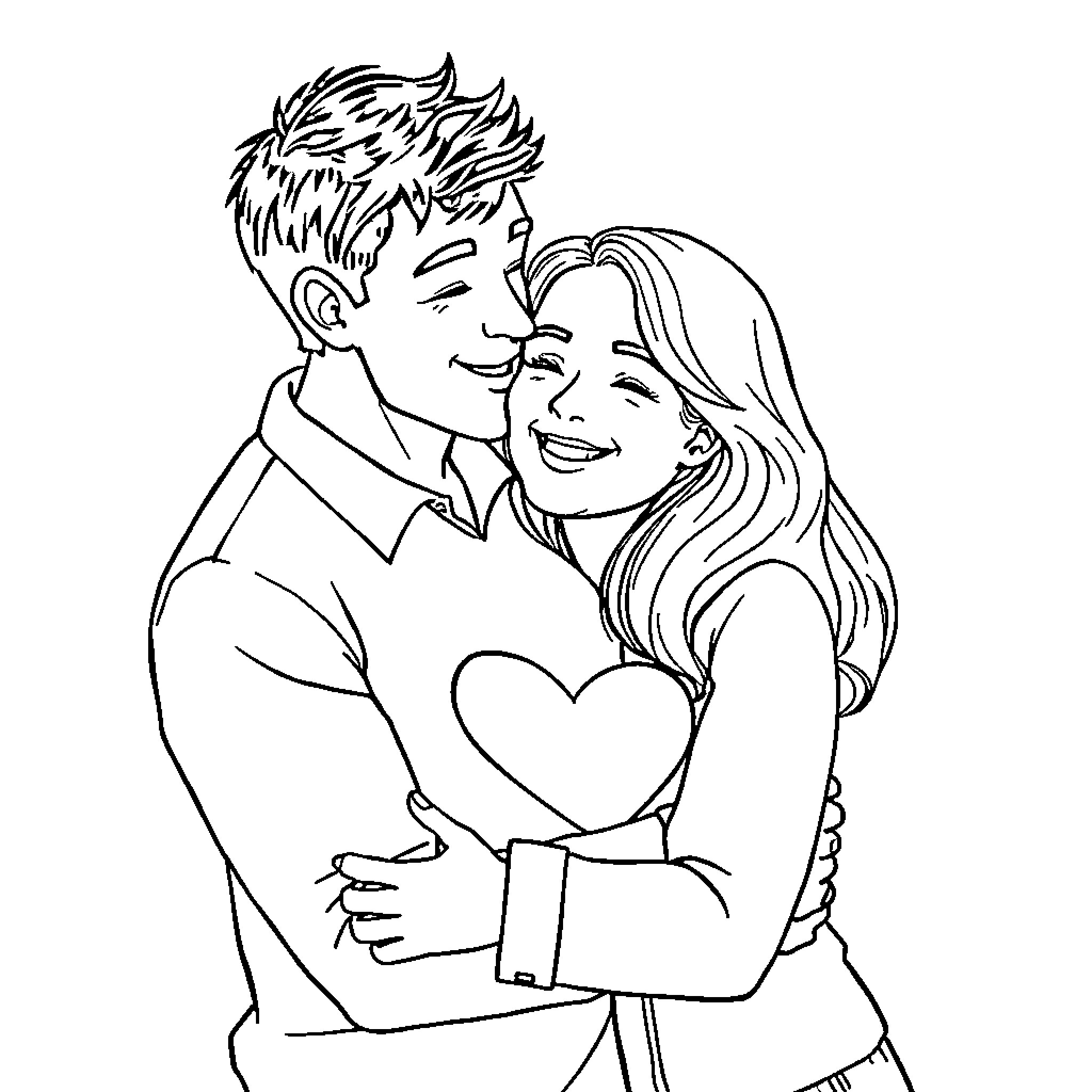 Love Shared between Affectionate Couple Coloring Page (free black-and-white line drawing printable PDF for all, from beginners to advanced learners, including children, teens, adults, and seniors)