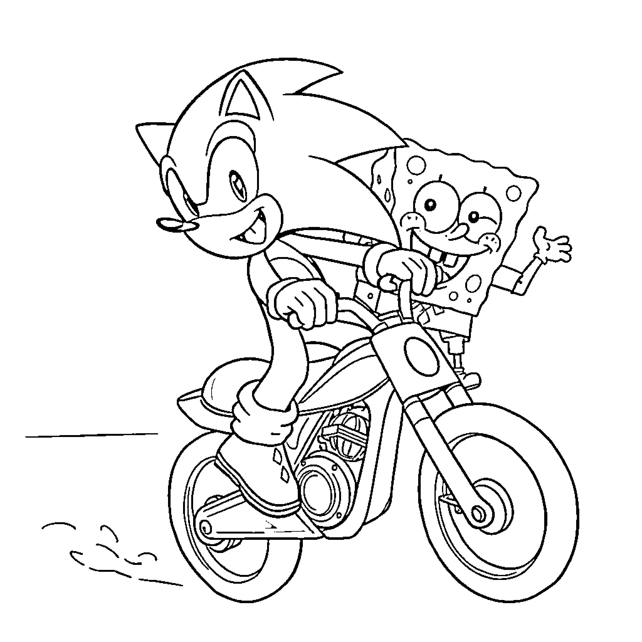 Sonic riding motorcycle with friend Coloring Page (free black-and-white line drawing printable PDF for all, from beginners to advanced learners, including children, teens, adults, and seniors)