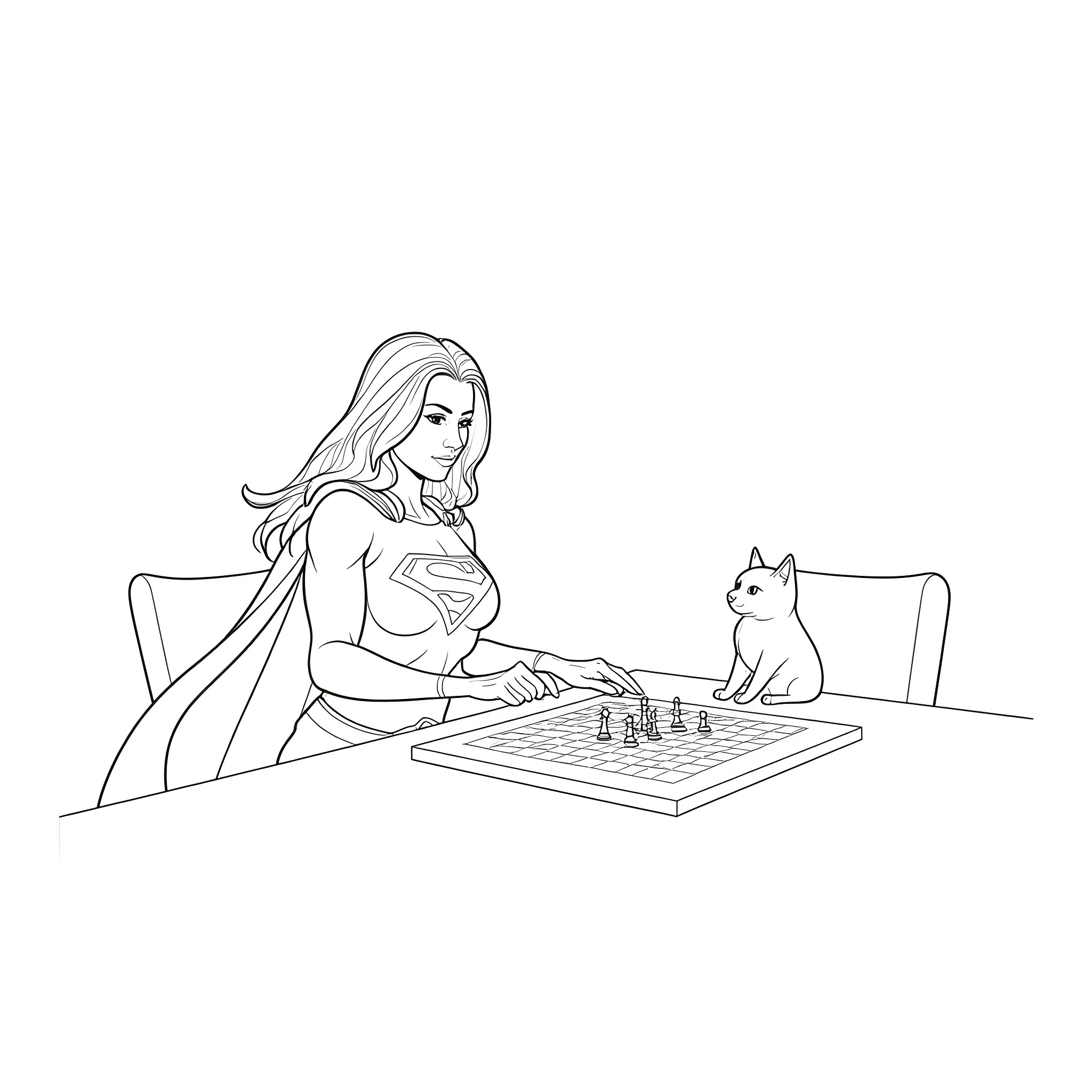 Superwoman playing chess with her feline companion Coloring Page (free black-and-white line drawing printable PDF for all, from beginners to advanced learners, including children, teens, adults, and seniors)
