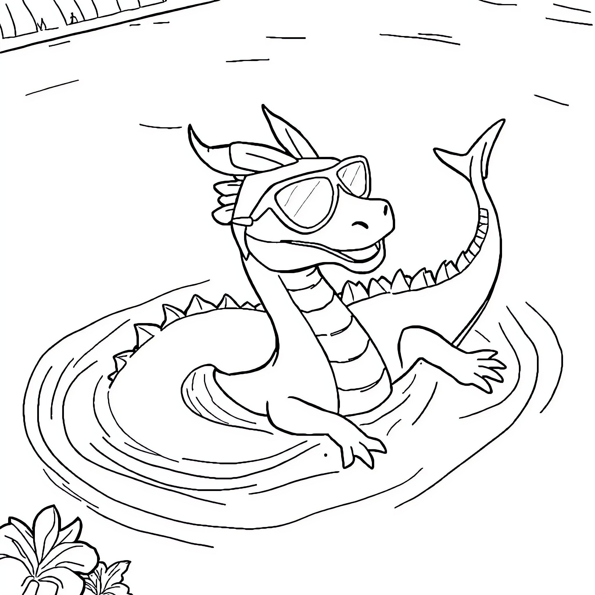 Dracaufeu swimming happily in the pond Coloring Page (free black-and-white line drawing printable PDF for all, from beginners to advanced learners, including children, teens, adults, and seniors)