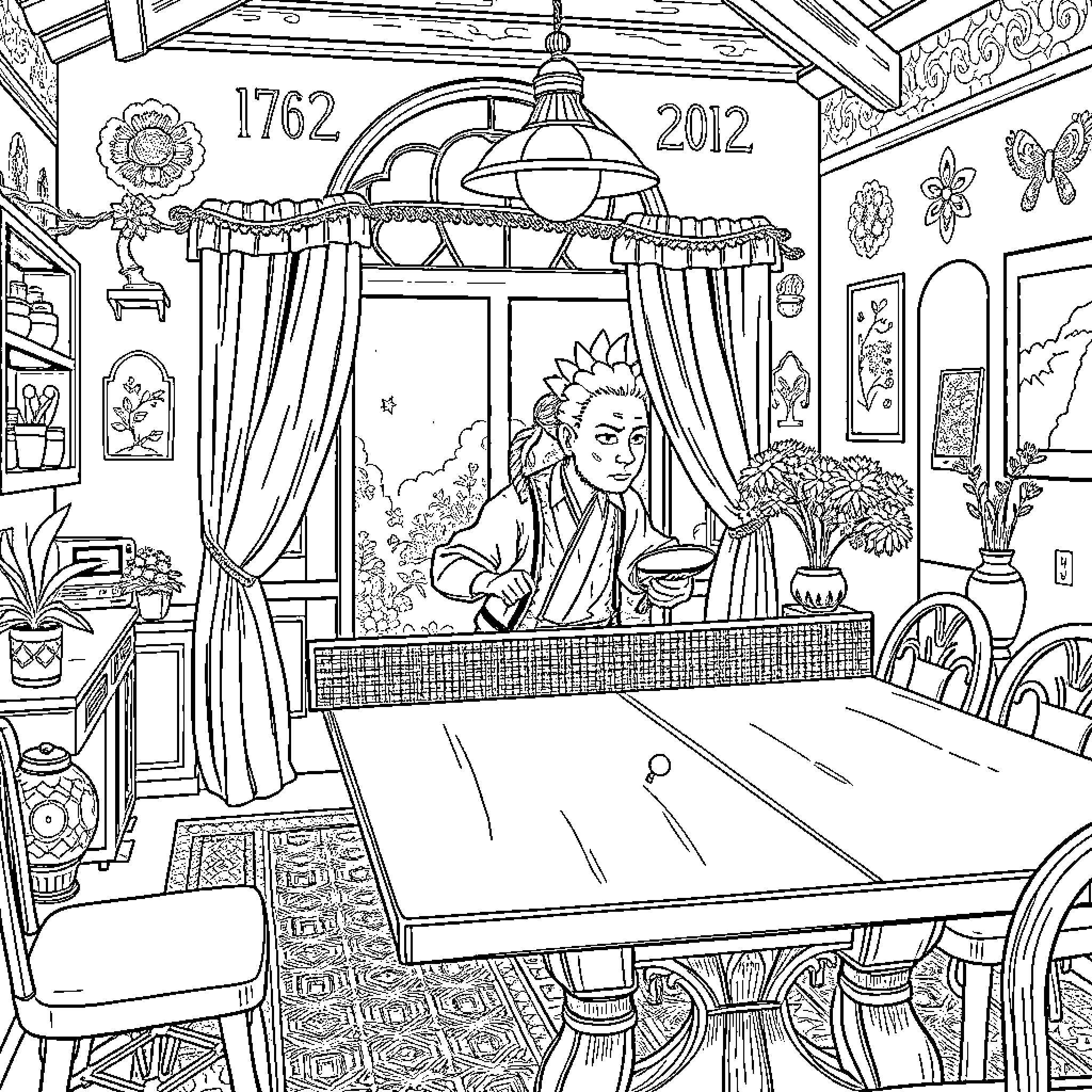 Hombre entertaining guests in ornate dining room Coloring Page (free black-and-white line drawing printable PDF for all, from beginners to advanced learners, including children, teens, adults, and seniors)