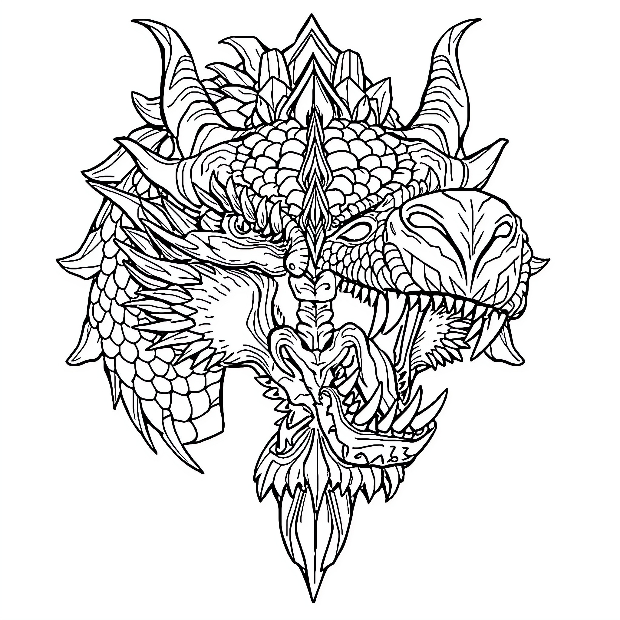 Dragon with ornate and fierce visage Coloring Page (free black-and-white line drawing printable PDF for all, from beginners to advanced learners, including children, teens, adults, and seniors)