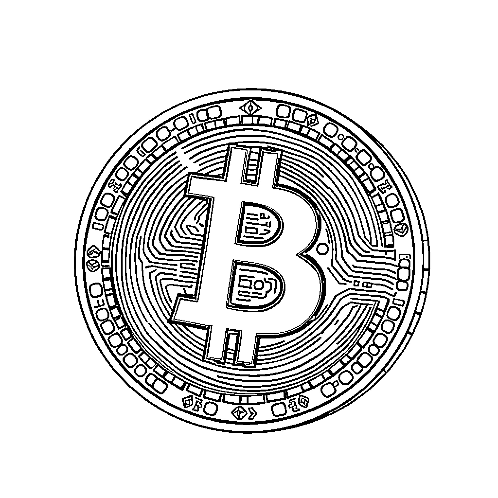 Bitcoin symbol on a detailed circular design Coloring Page (free black-and-white line drawing printable PDF for all, from beginners to advanced learners, including children, teens, adults, and seniors)