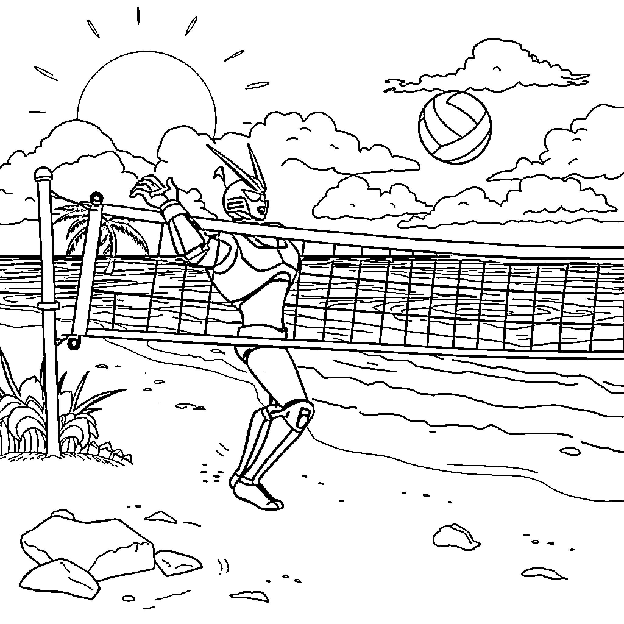 Mazinger Z playing volleyball on the beach Coloring Page (free black-and-white line drawing printable PDF for all, from beginners to advanced learners, including children, teens, adults, and seniors)