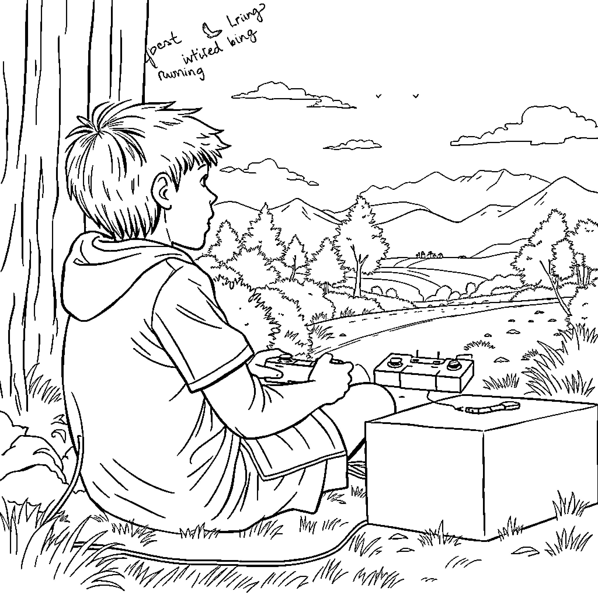 Boy gazing out at the scenic landscape Coloring Page (free black-and-white line drawing printable PDF for all, from beginners to advanced learners, including children, teens, adults, and seniors)