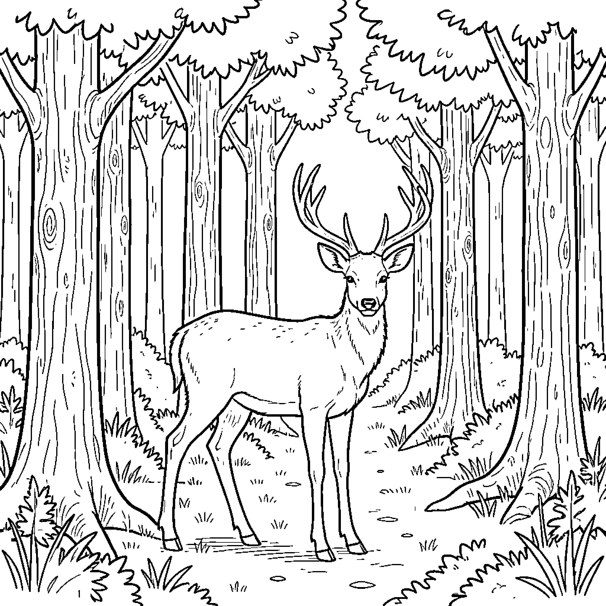 Deer standing calmly in a dense forest Coloring Page (free black-and-white line drawing printable PDF for all, from beginners to advanced learners, including children, teens, adults, and seniors)