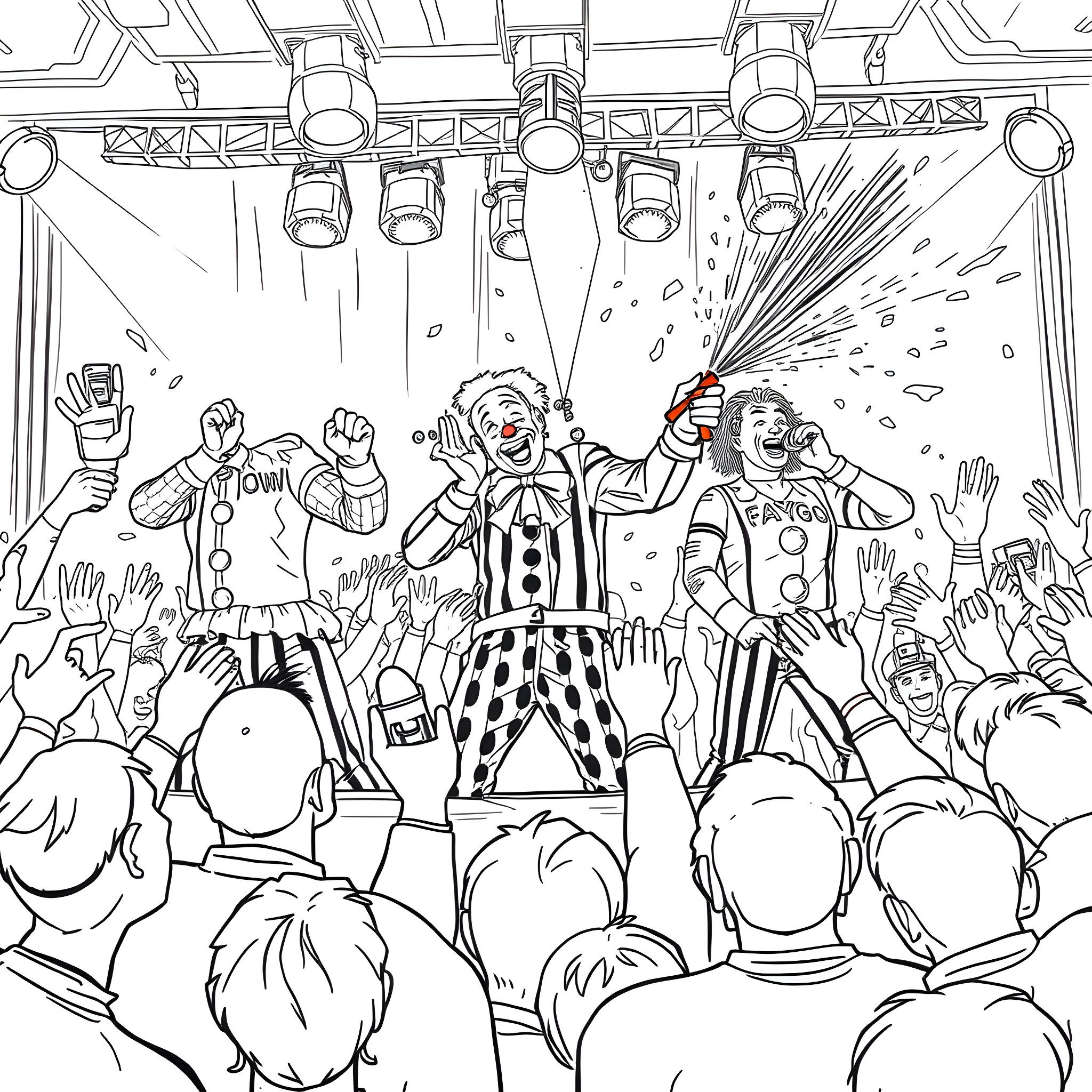 Clown entertainers performing on stage for an audience Coloring Page (free black-and-white line drawing printable PDF for all, from beginners to advanced learners, including children, teens, adults, and seniors)
