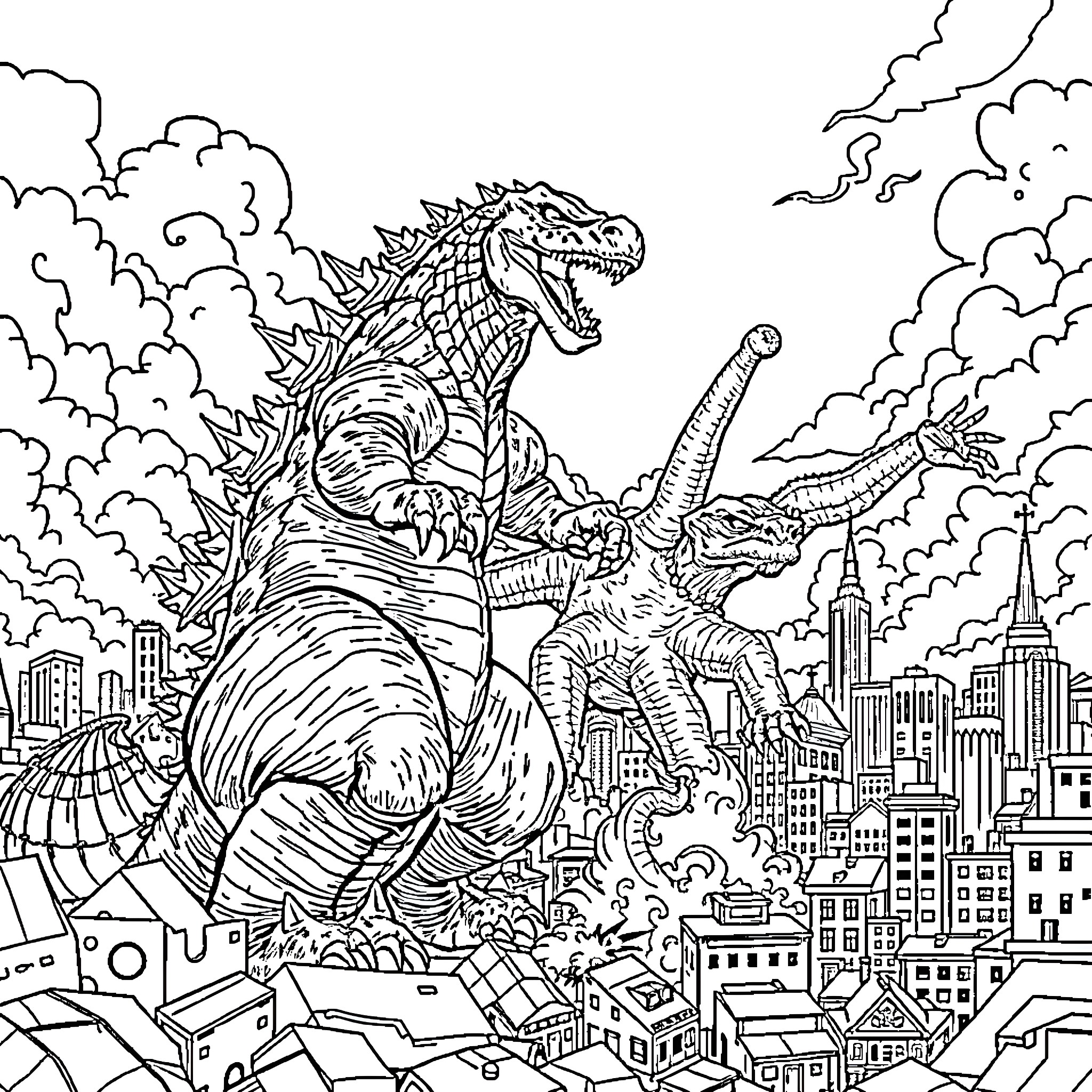 Godzilla rampaging through the city skyline Coloring Page (free black-and-white line drawing printable PDF for all, from beginners to advanced learners, including children, teens, adults, and seniors)