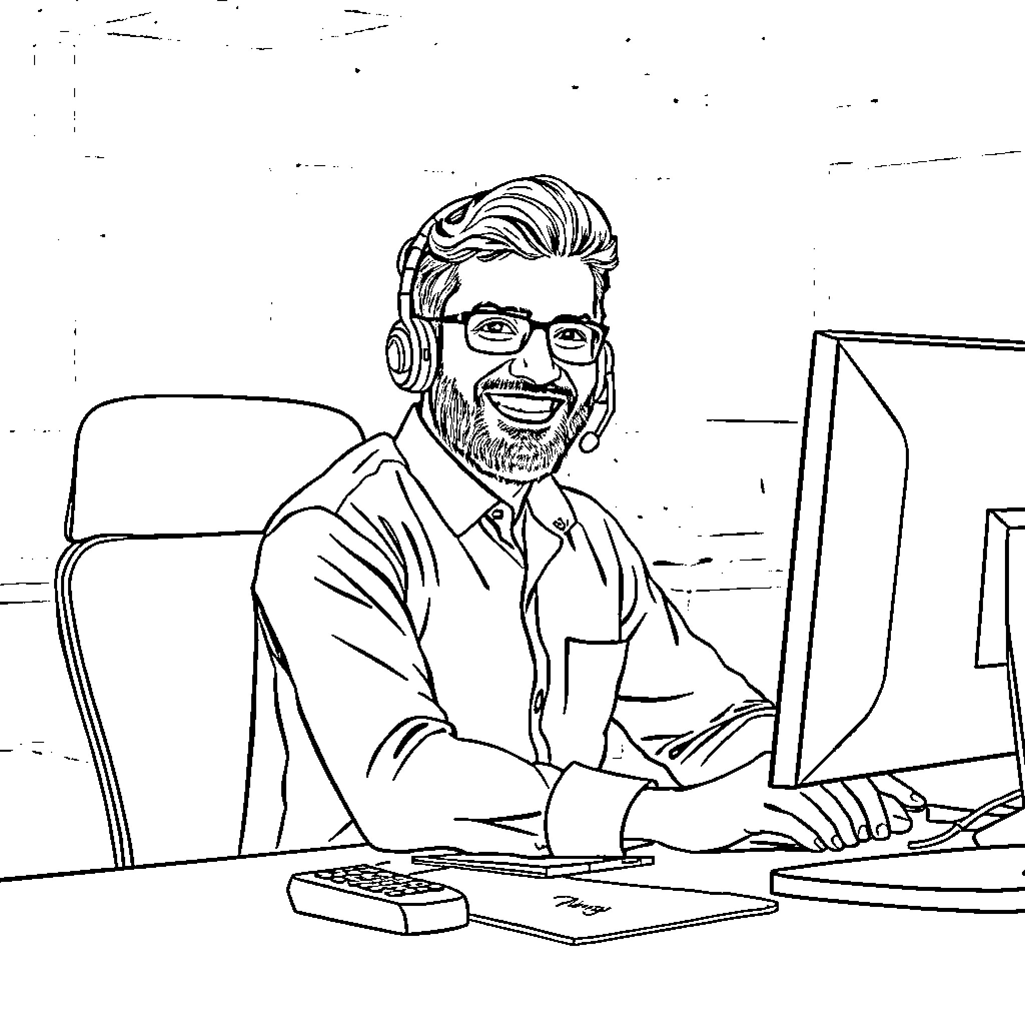Man smiling and working at computer with headphones Coloring Page (free black-and-white line drawing printable PDF for all, from beginners to advanced learners, including children, teens, adults, and seniors)