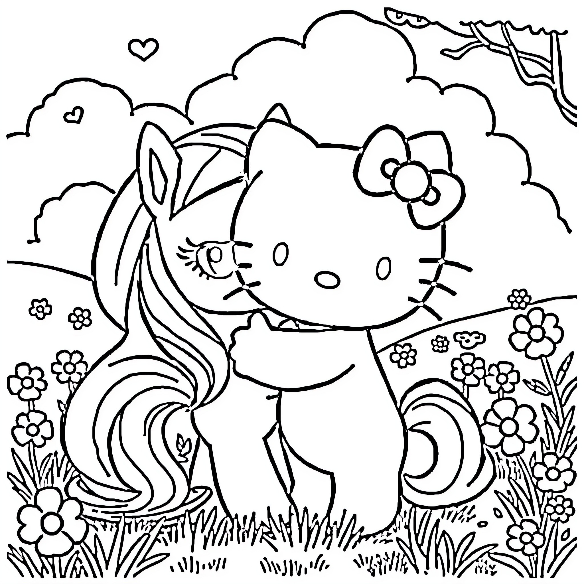 Hello Kitty enjoying nature's beauty Coloring Page (free black-and-white line drawing printable PDF for all, from beginners to advanced learners, including children, teens, adults, and seniors)