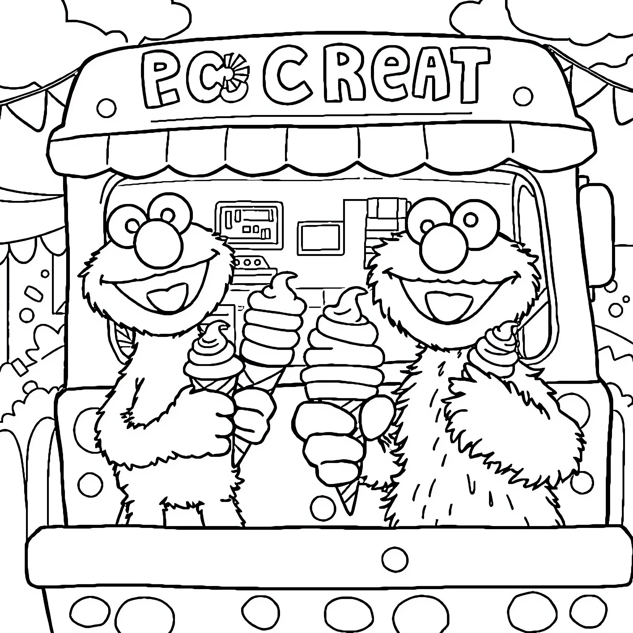 Elmo and friends enjoying ice cream at the shop Coloring Page (free black-and-white line drawing printable PDF for all, from beginners to advanced learners, including children, teens, adults, and seniors)