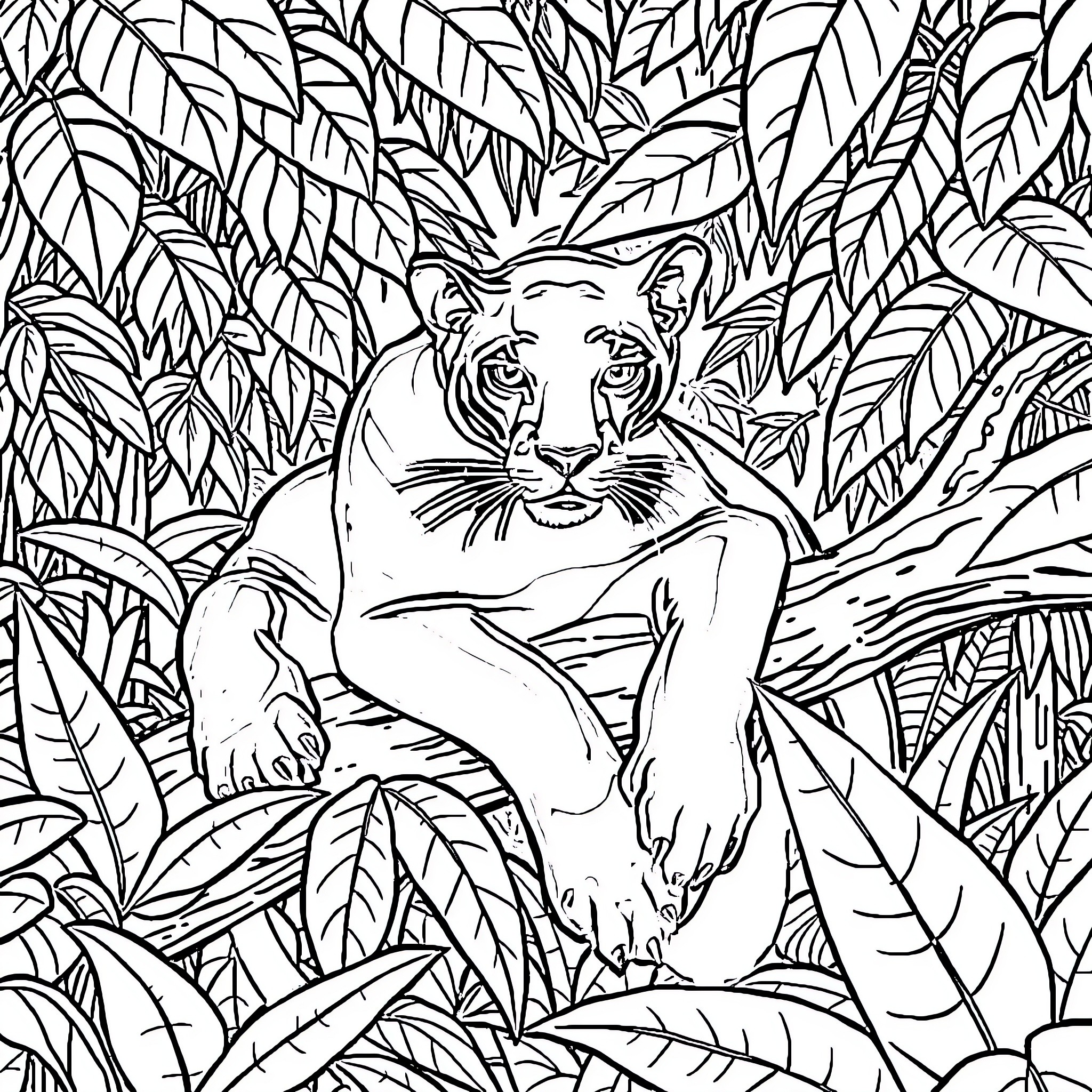 Panther Resting in the Lush Jungle Foliage Coloring Page (free black-and-white line drawing printable PDF for all, from beginners to advanced learners, including children, teens, adults, and seniors)