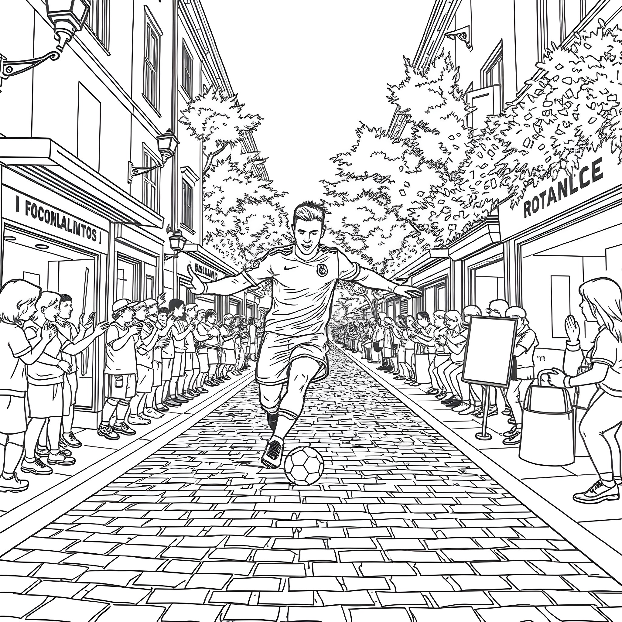 Ronaldo running triumphantly through the cheering crowd Coloring Page (free black-and-white line drawing printable PDF for all, from beginners to advanced learners, including children, teens, adults, and seniors)
