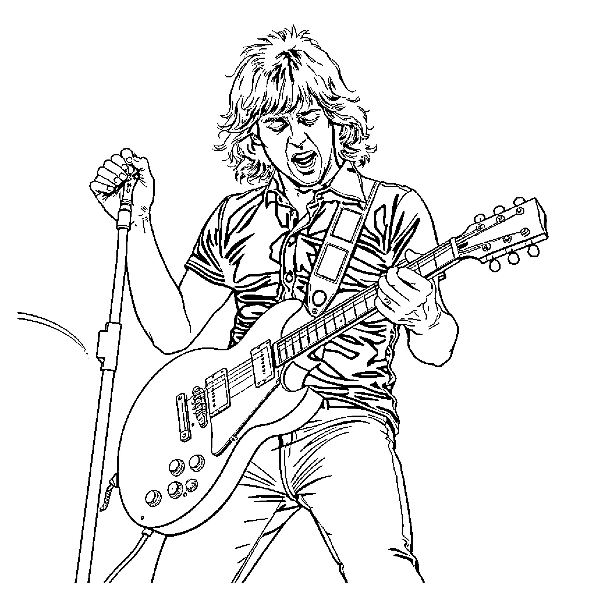 Angus Young performing energetic rock guitar solo Coloring Page (free black-and-white line drawing printable PDF for all, from beginners to advanced learners, including children, teens, adults, and seniors)
