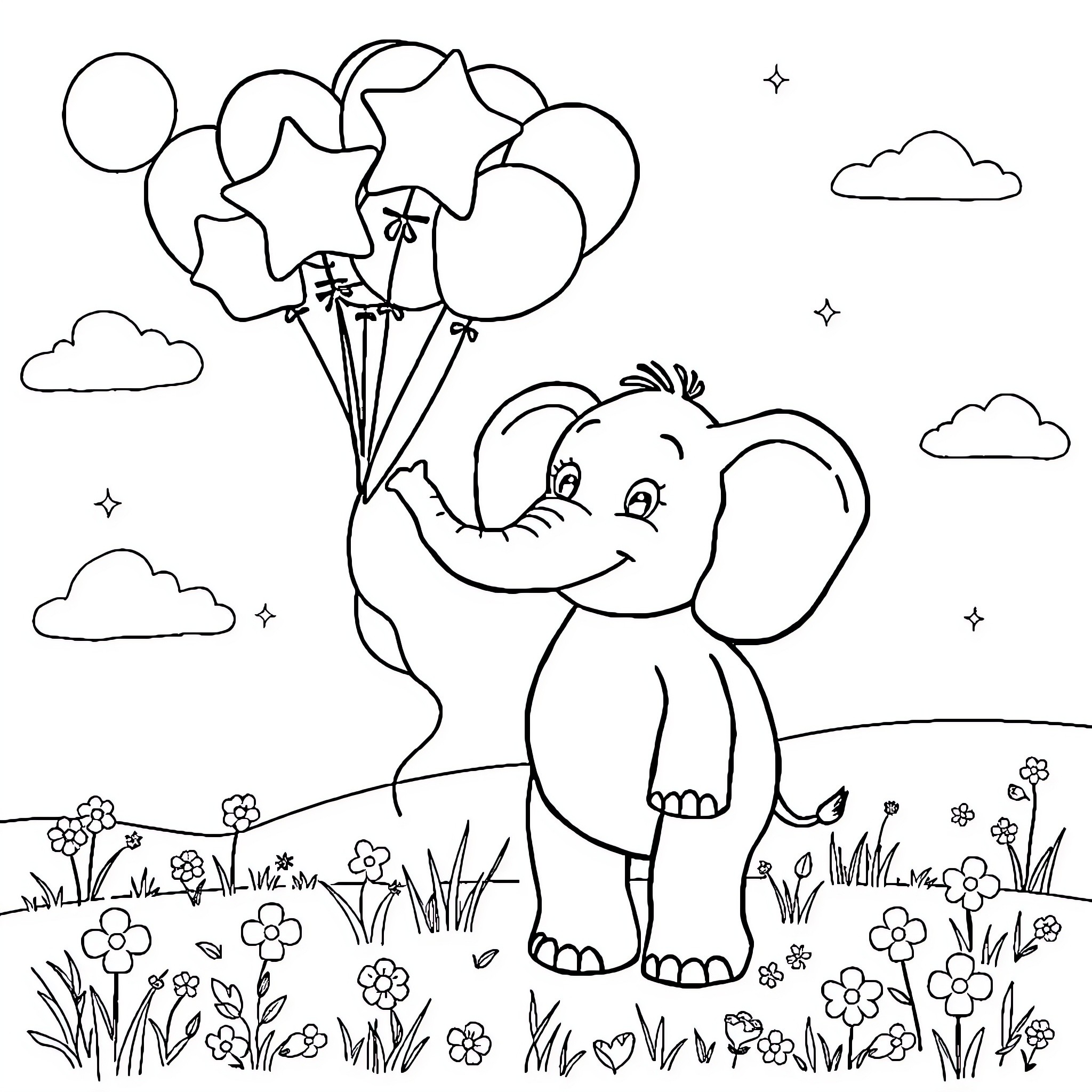 Elephant holding balloons in a field Coloring Page (free black-and-white line drawing printable PDF for all, from beginners to advanced learners, including children, teens, adults, and seniors)