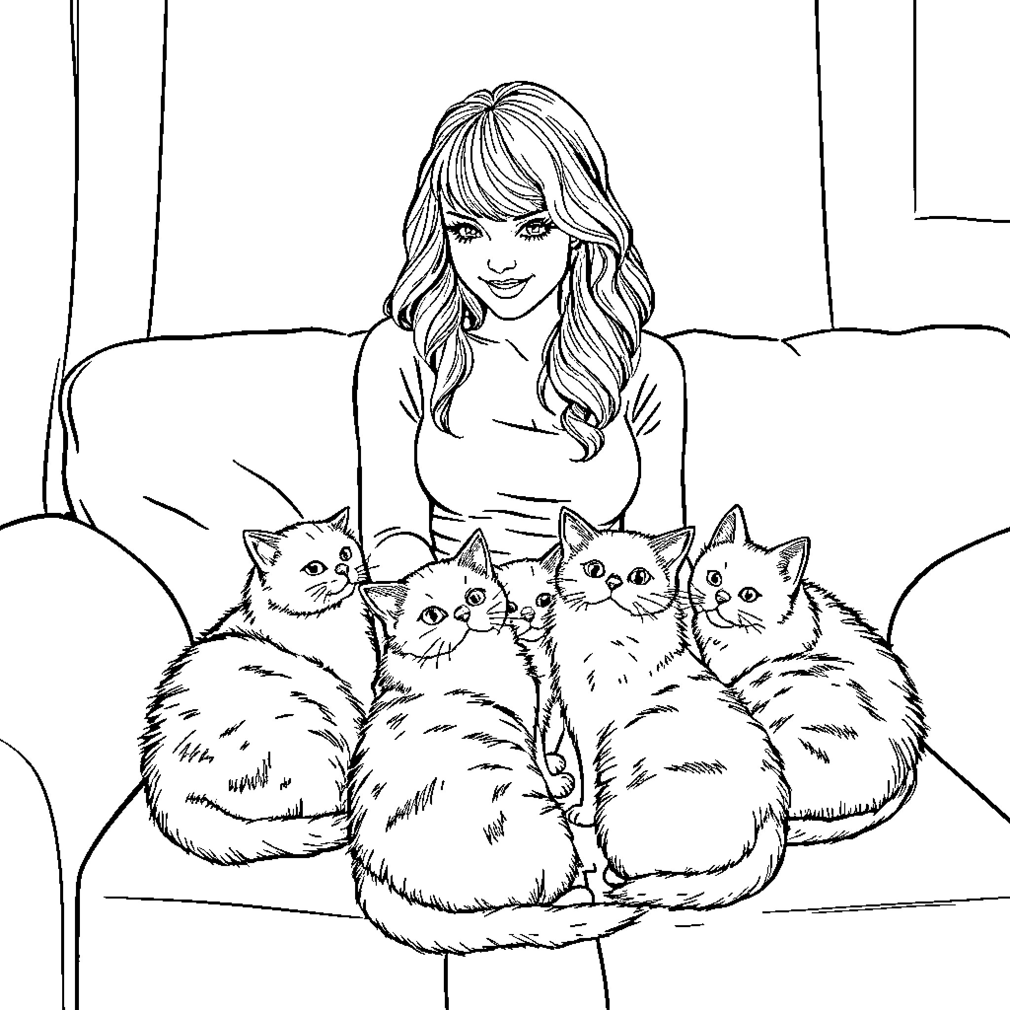 Taylor Swift posing with a group of cats Coloring Page (free black-and-white line drawing printable PDF for all, from beginners to advanced learners, including children, teens, adults, and seniors)
