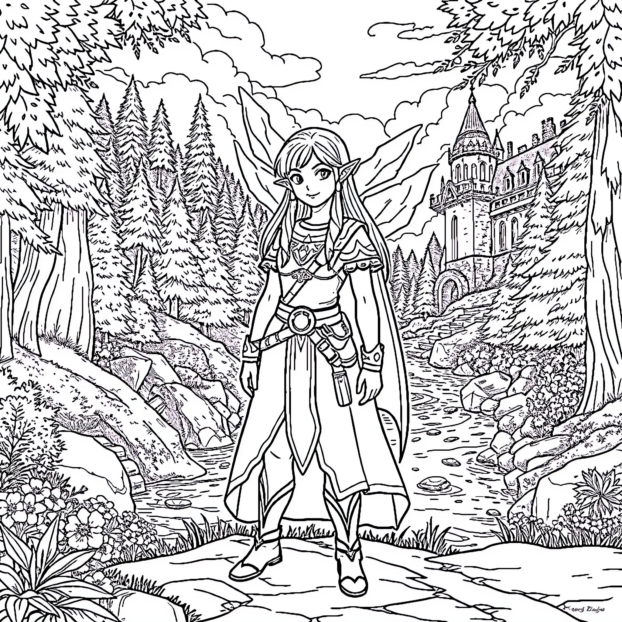 Zelda's Adventure in the Enchanted Forest Coloring Page (free black-and-white line drawing printable PDF for all, from beginners to advanced learners, including children, teens, adults, and seniors)