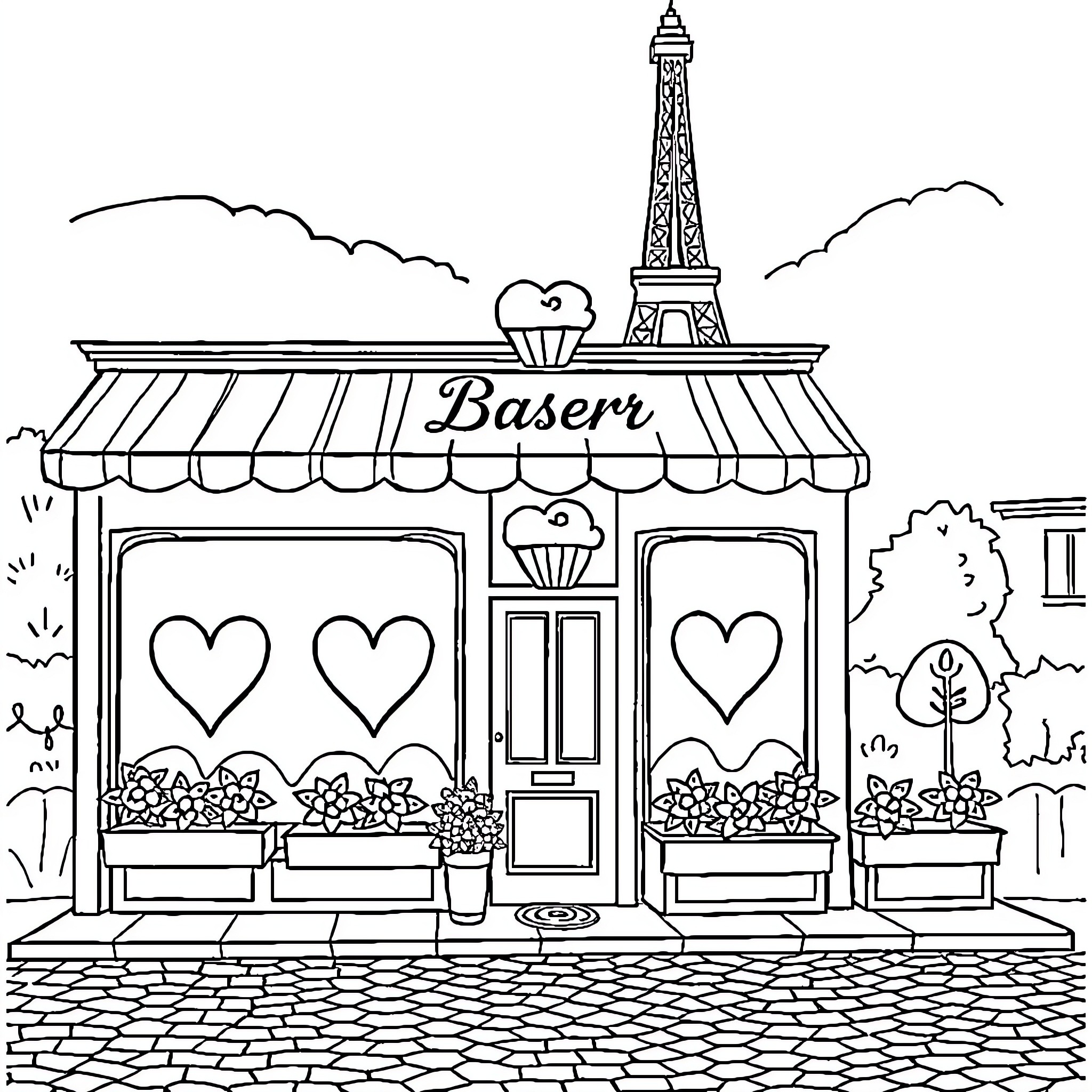 Bakery with Eiffel Tower in Parisian Streetscape Coloring Page (free black-and-white line drawing printable PDF for all, from beginners to advanced learners, including children, teens, adults, and seniors)