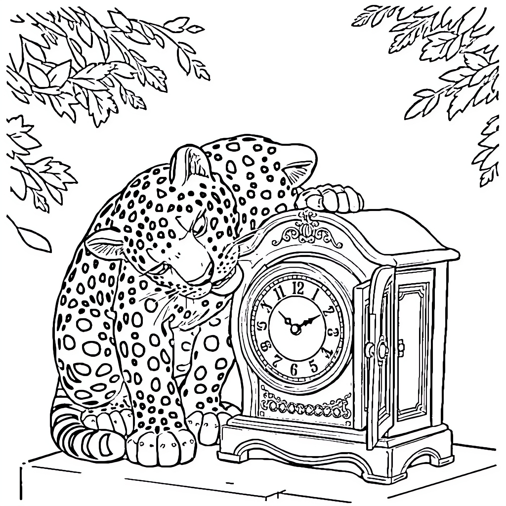 Leopard resting near an antique clock Coloring Page (free black-and-white line drawing printable PDF for all, from beginners to advanced learners, including children, teens, adults, and seniors)