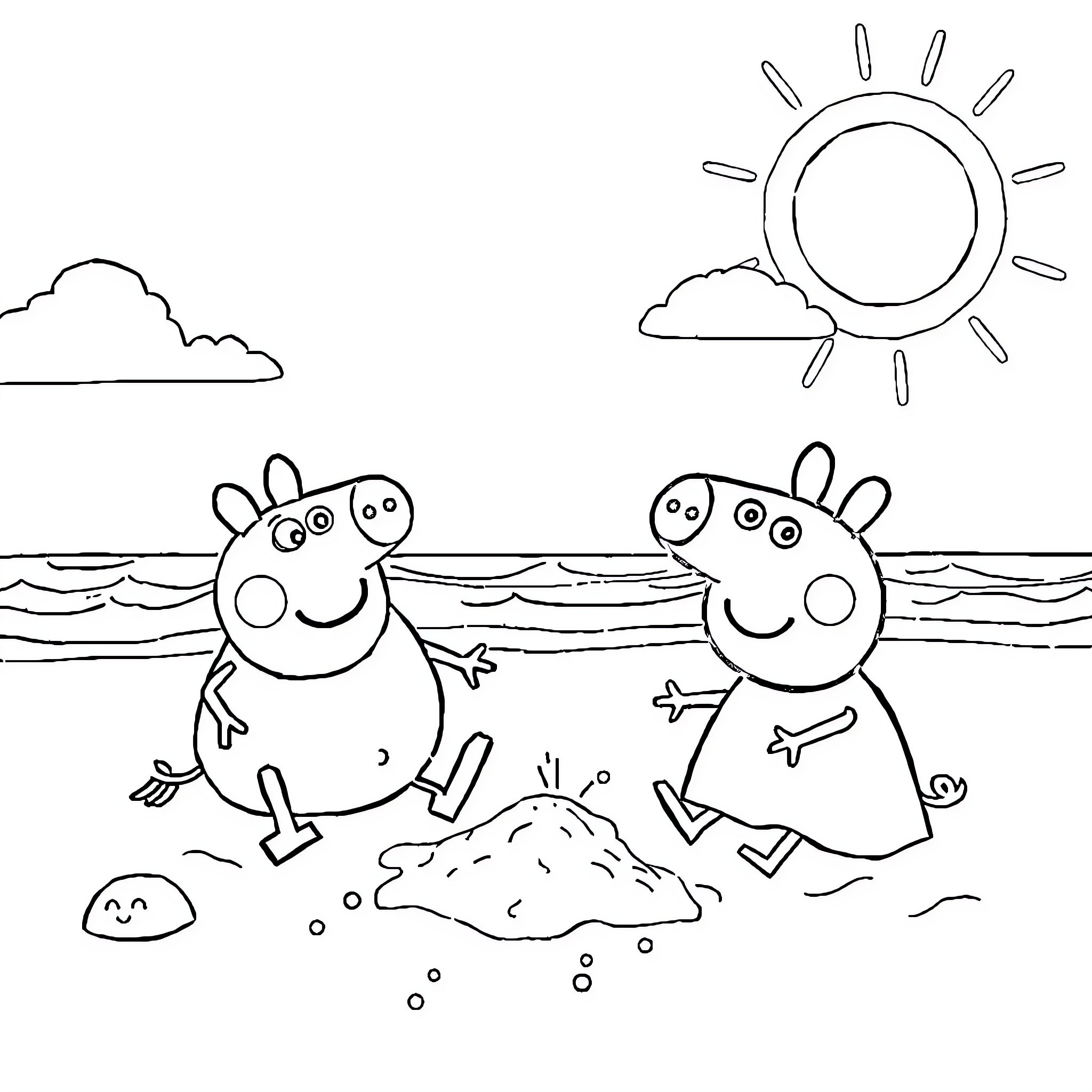 Spider-Man's friends playing on the beach Coloring Page (free black-and-white line drawing printable PDF for all, from beginners to advanced learners, including children, teens, adults, and seniors)