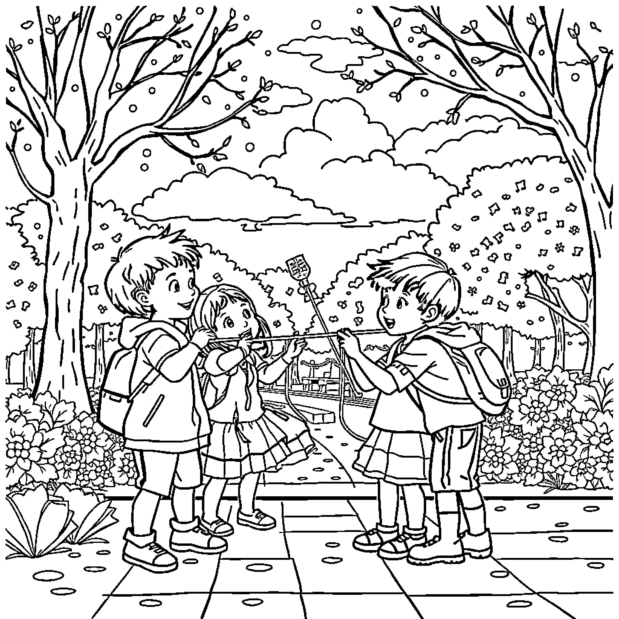 Niños playing in the snowy winter wonderland Coloring Page (free black-and-white line drawing printable PDF for all, from beginners to advanced learners, including children, teens, adults, and seniors)
