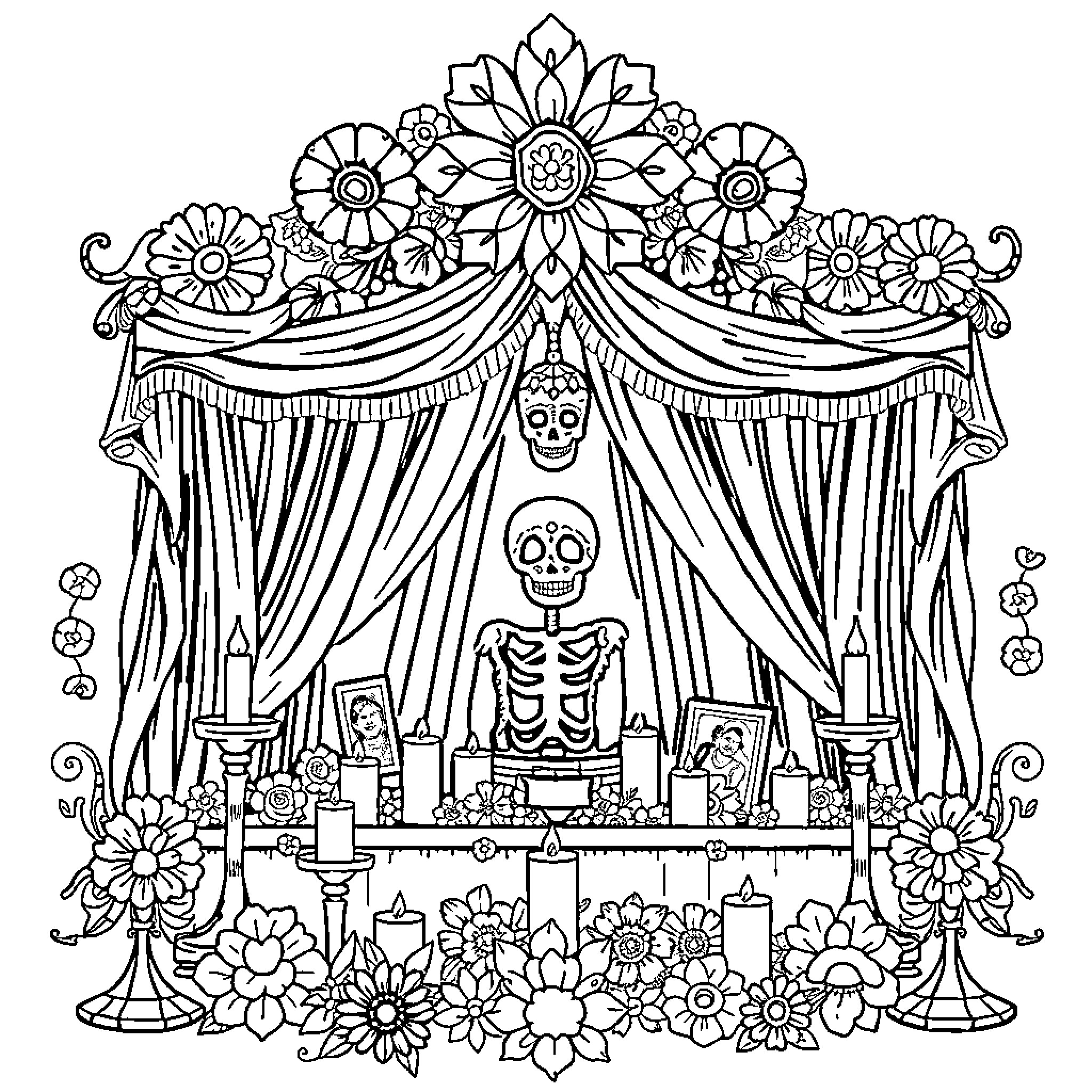 Ofrenda with Ornate Flowers and Skeletal Figure Coloring Page (free black-and-white line drawing printable PDF for all, from beginners to advanced learners, including children, teens, adults, and seniors)