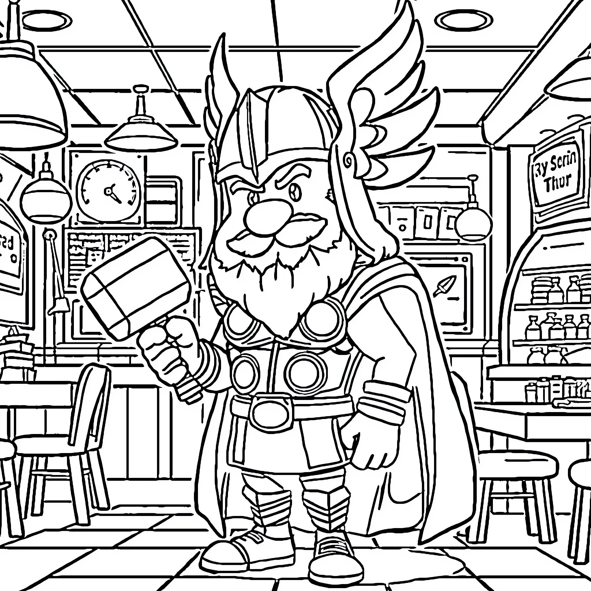 Bob the Heroic Gnome in His Workshop Coloring Page (free black-and-white line drawing printable PDF for all, from beginners to advanced learners, including children, teens, adults, and seniors)