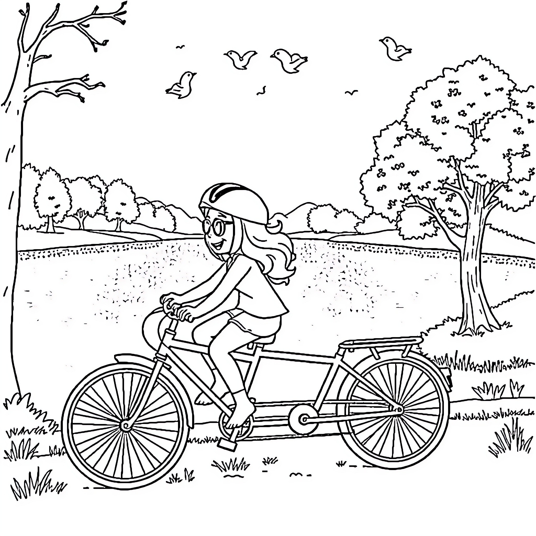 Bluey riding bicycle in the park Coloring Page (free black-and-white line drawing printable PDF for all, from beginners to advanced learners, including children, teens, adults, and seniors)