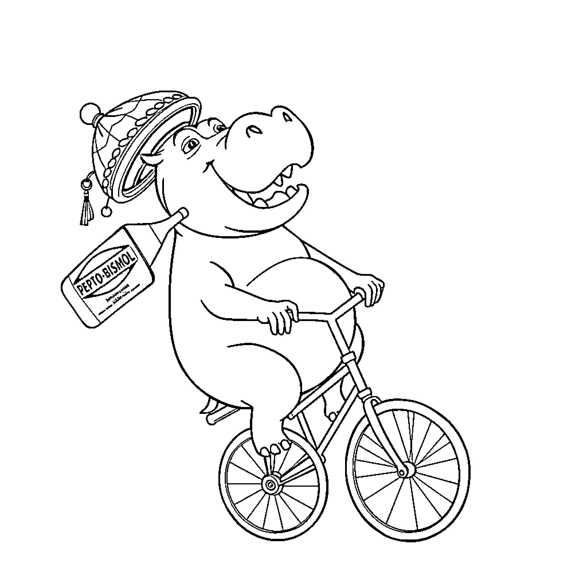 Hippo riding bicycle with hat and briefcase Coloring Page (free black-and-white line drawing printable PDF for all, from beginners to advanced learners, including children, teens, adults, and seniors)