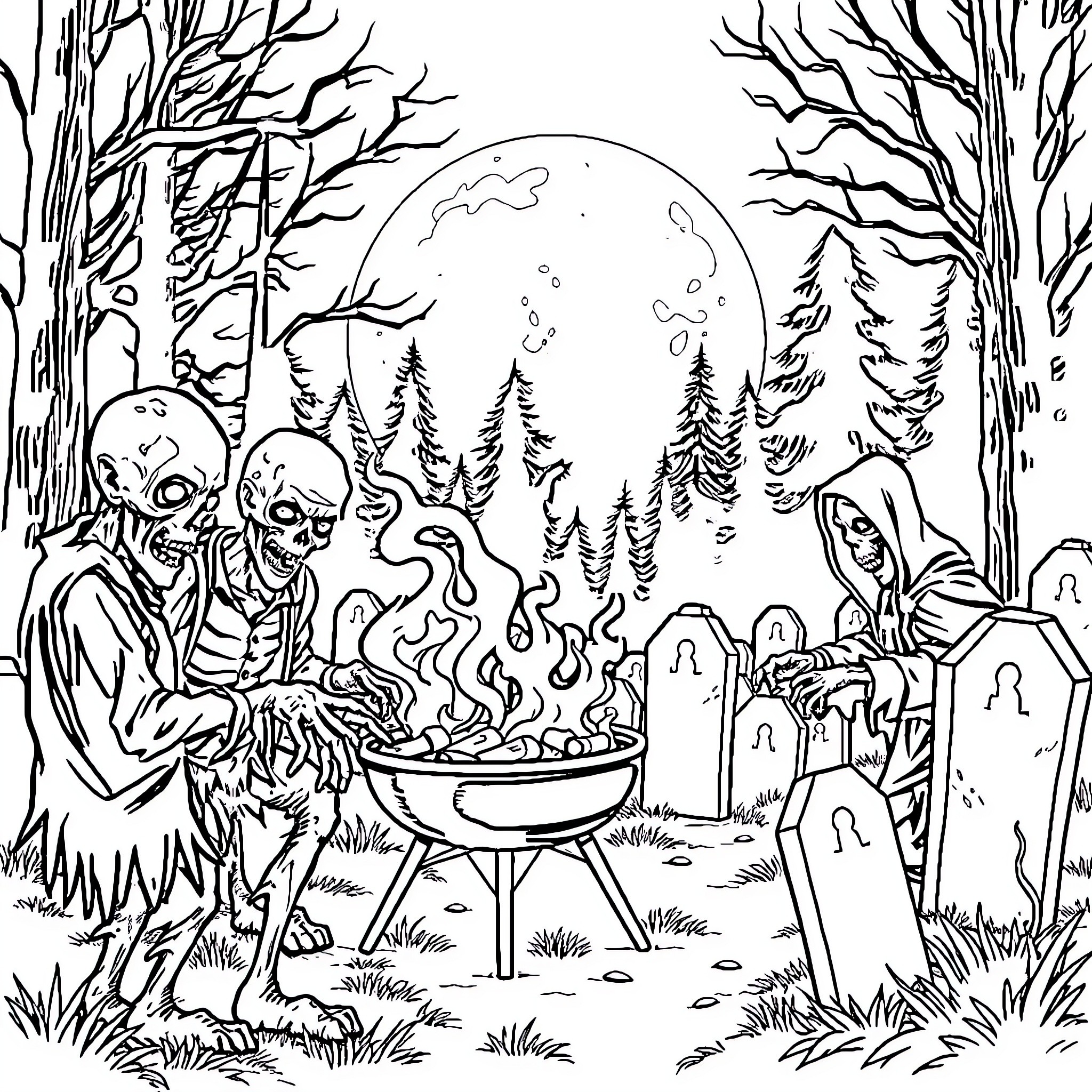 Zombie Gathering Under the Moonlight in the Spooky Forest Coloring Page (free black-and-white line drawing printable PDF for all, from beginners to advanced learners, including children, teens, adults, and seniors)