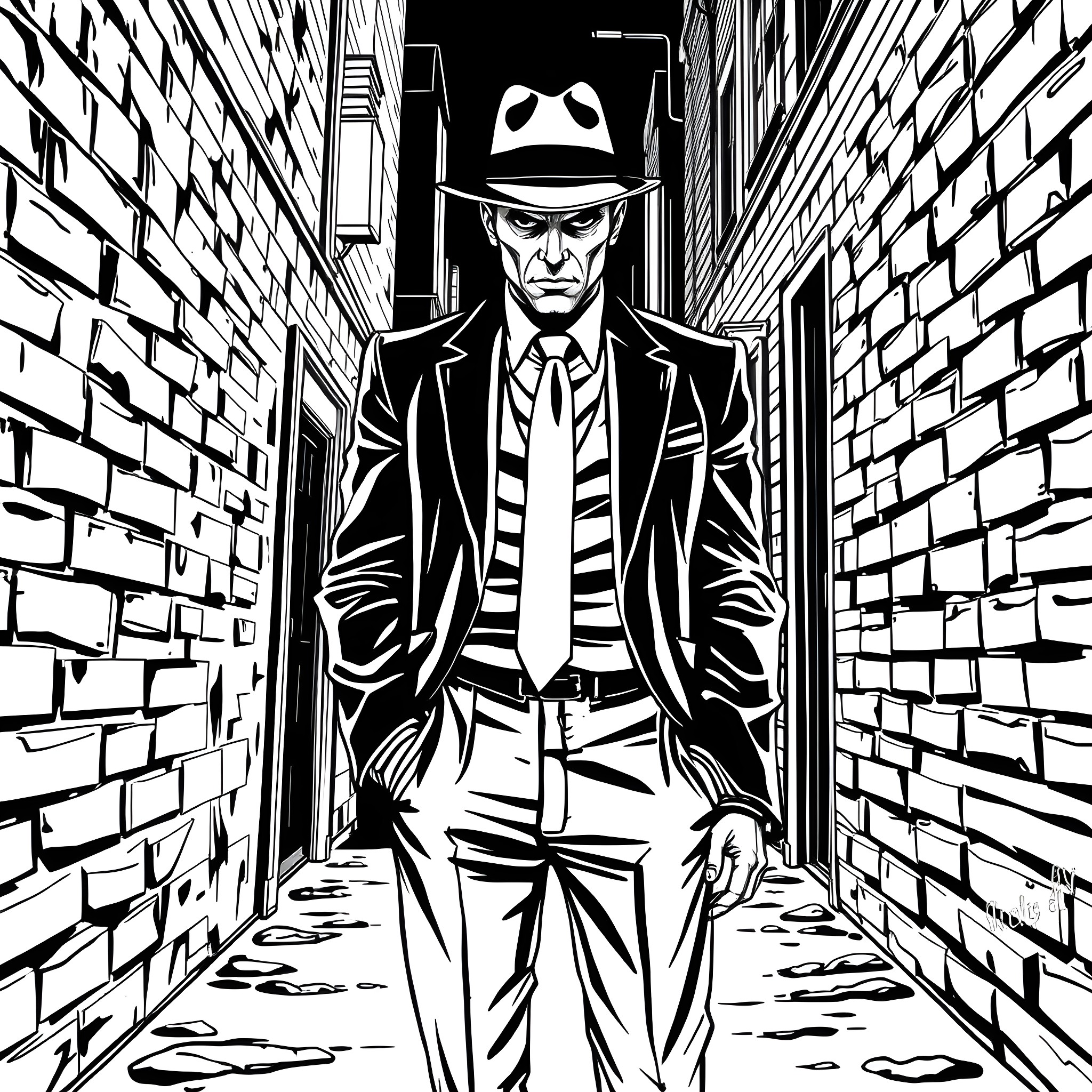 Gangster Walking Down a Dark Alley Coloring Page (free black-and-white line drawing printable PDF for all, from beginners to advanced learners, including children, teens, adults, and seniors)