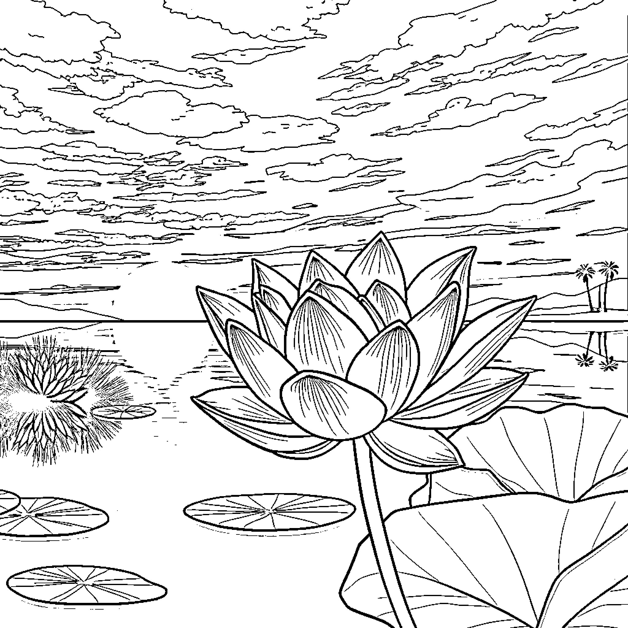 Lotus flower blooming in a serene pond Coloring Page (free black-and-white line drawing printable PDF for all, from beginners to advanced learners, including children, teens, adults, and seniors)