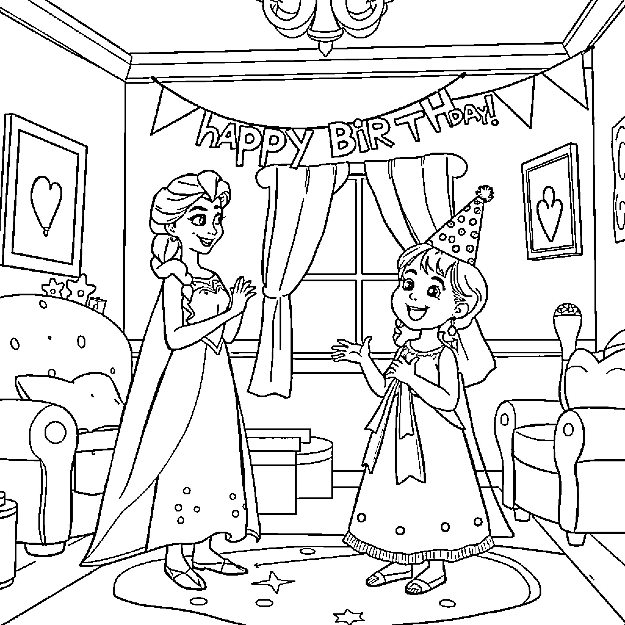 Elsa and Anna Celebrate Happy Birthday Together Coloring Page (free black-and-white line drawing printable PDF for all, from beginners to advanced learners, including children, teens, adults, and seniors)
