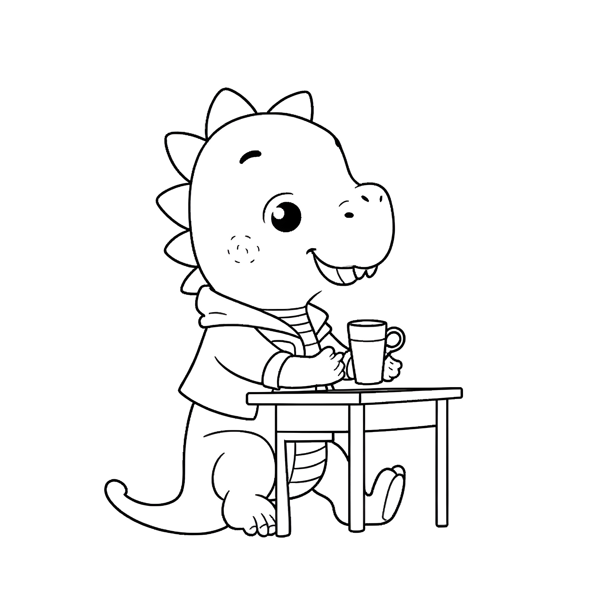 Dinosaur enjoying a warm drink at a table Coloring Page (free black-and-white line drawing printable PDF for all, from beginners to advanced learners, including children, teens, adults, and seniors)