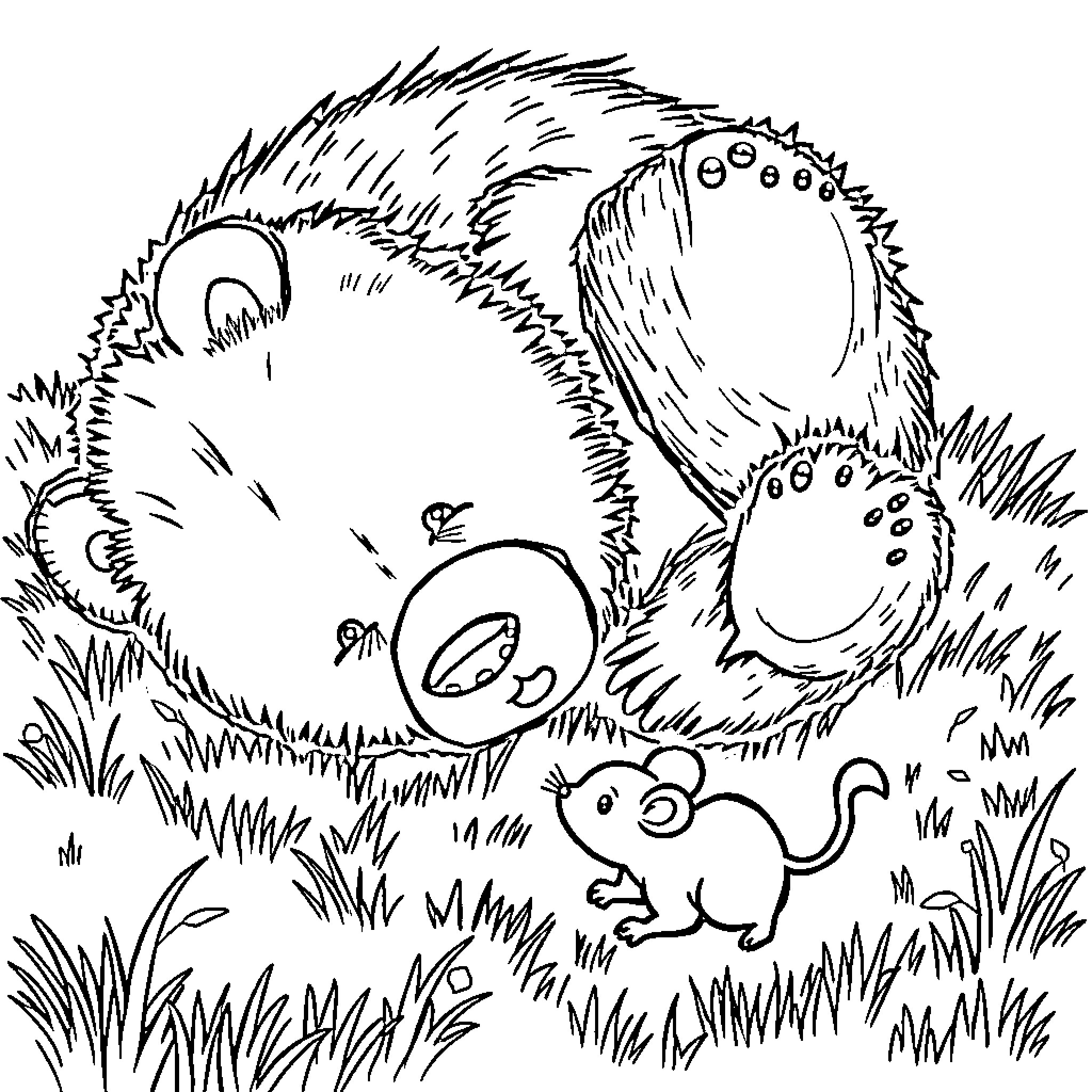 Bear family playing in the grass Coloring Page (free black-and-white line drawing printable PDF for all, from beginners to advanced learners, including children, teens, adults, and seniors)