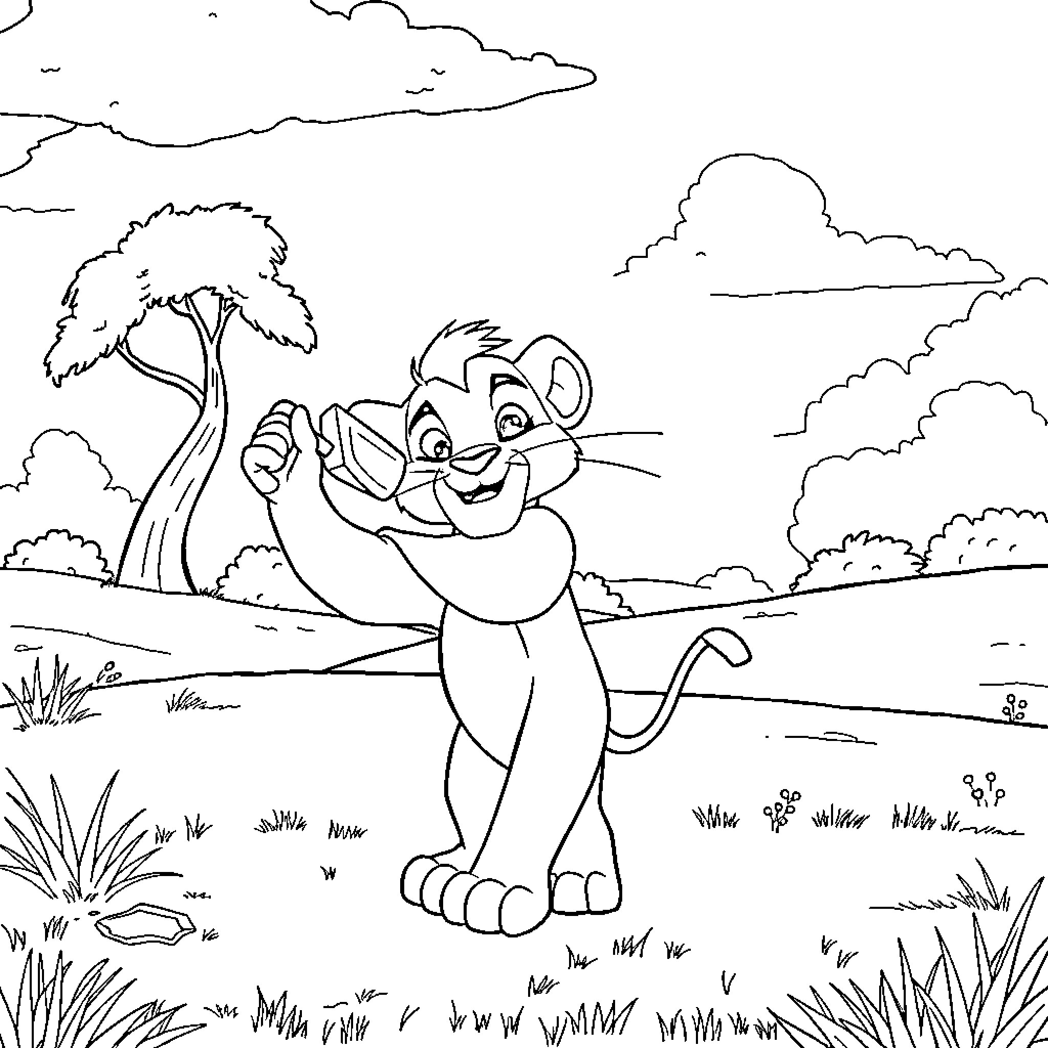 Simba enjoying the natural scenery Coloring Page (free black-and-white line drawing printable PDF for all, from beginners to advanced learners, including children, teens, adults, and seniors)