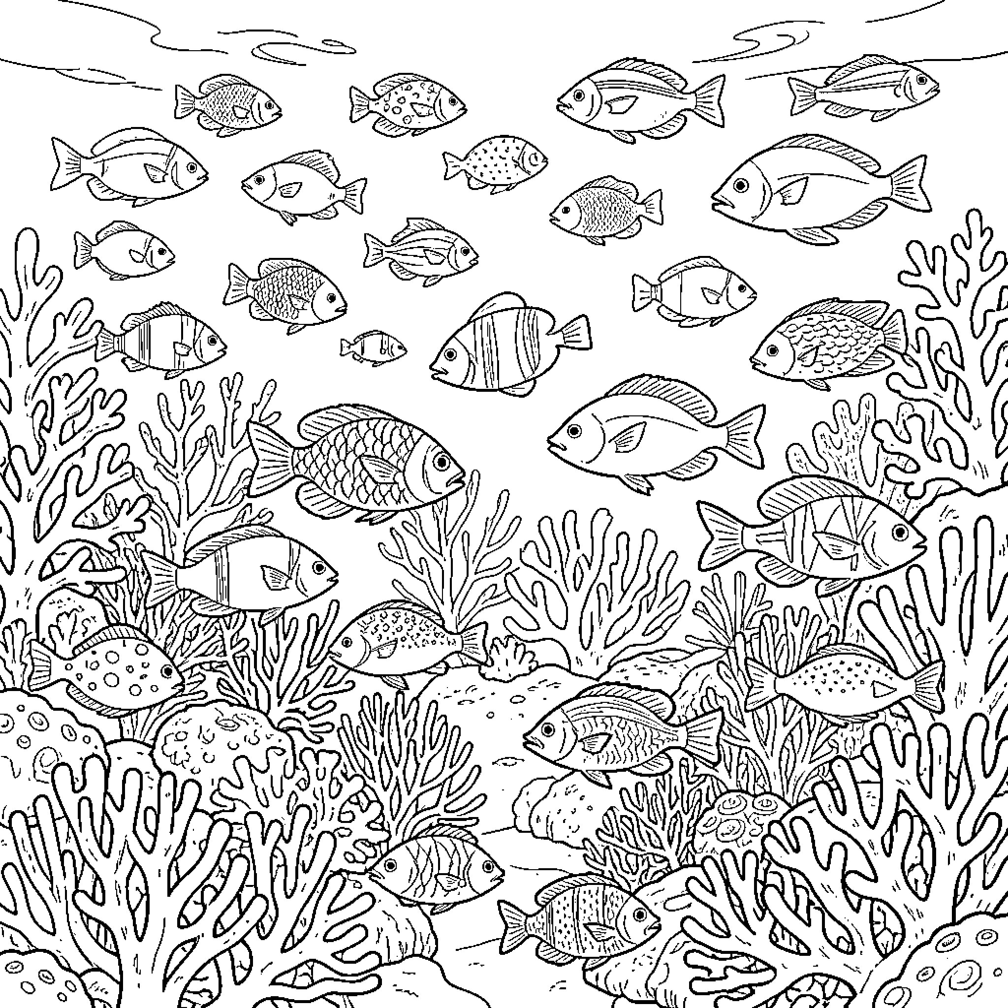 Coral reef scene with many fish swimming together Coloring Page (free black-and-white line drawing printable PDF for all, from beginners to advanced learners, including children, teens, adults, and seniors)