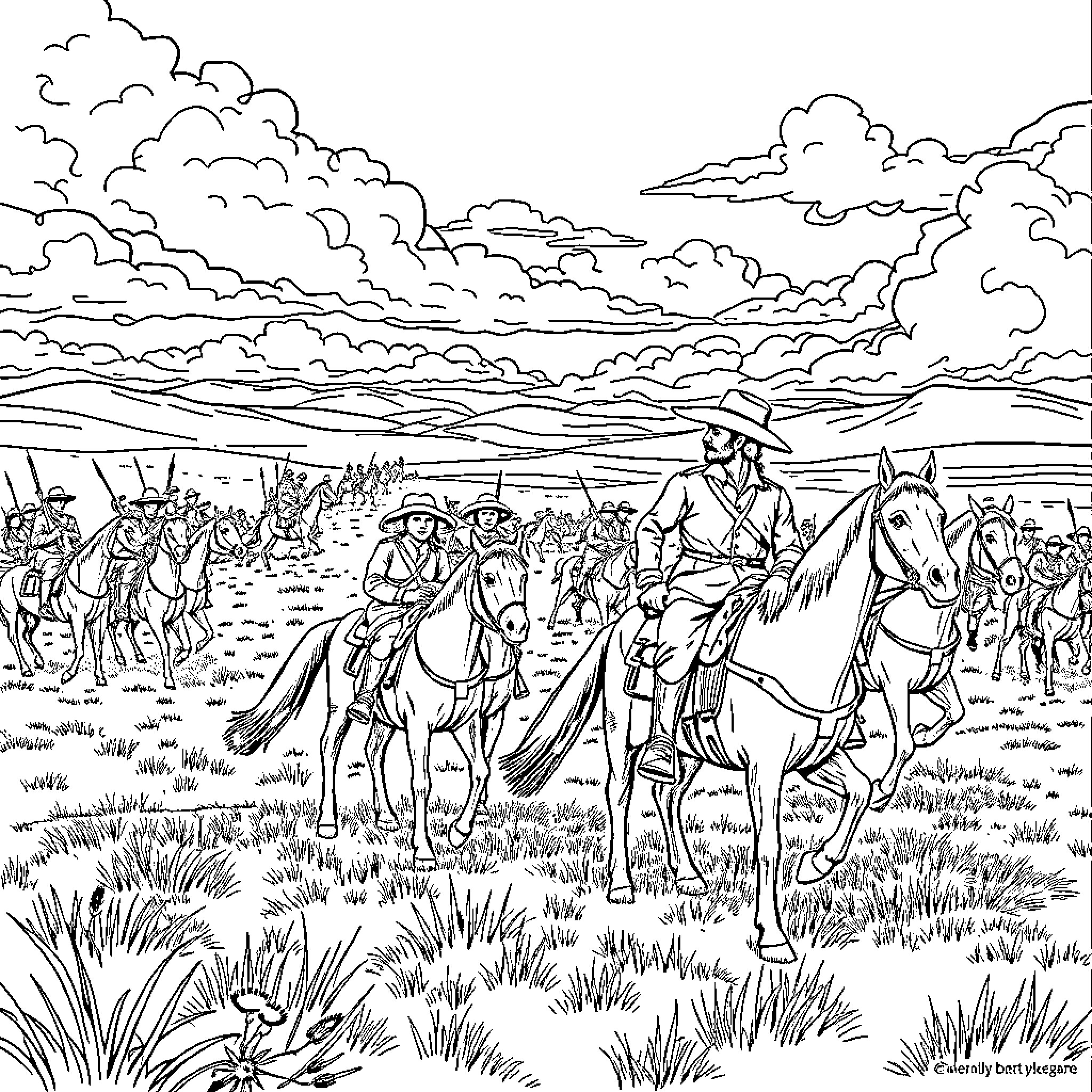 Custer's Army Marching Through the Plains Coloring Page (free black-and-white line drawing printable PDF for all, from beginners to advanced learners, including children, teens, adults, and seniors)