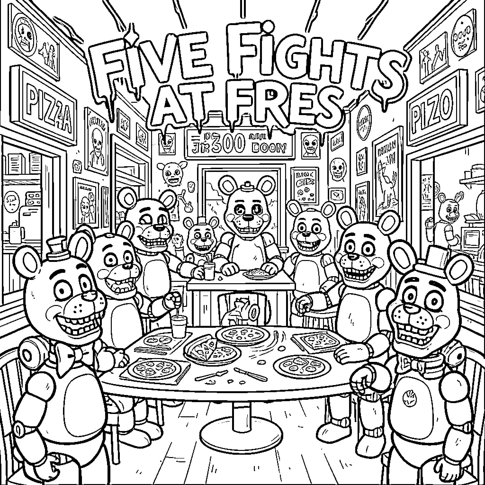 Five Nights At Freddy's: Animatronics having a pizza party Coloring Page (free black-and-white line drawing printable PDF for all, from beginners to advanced learners, including children, teens, adults, and seniors)