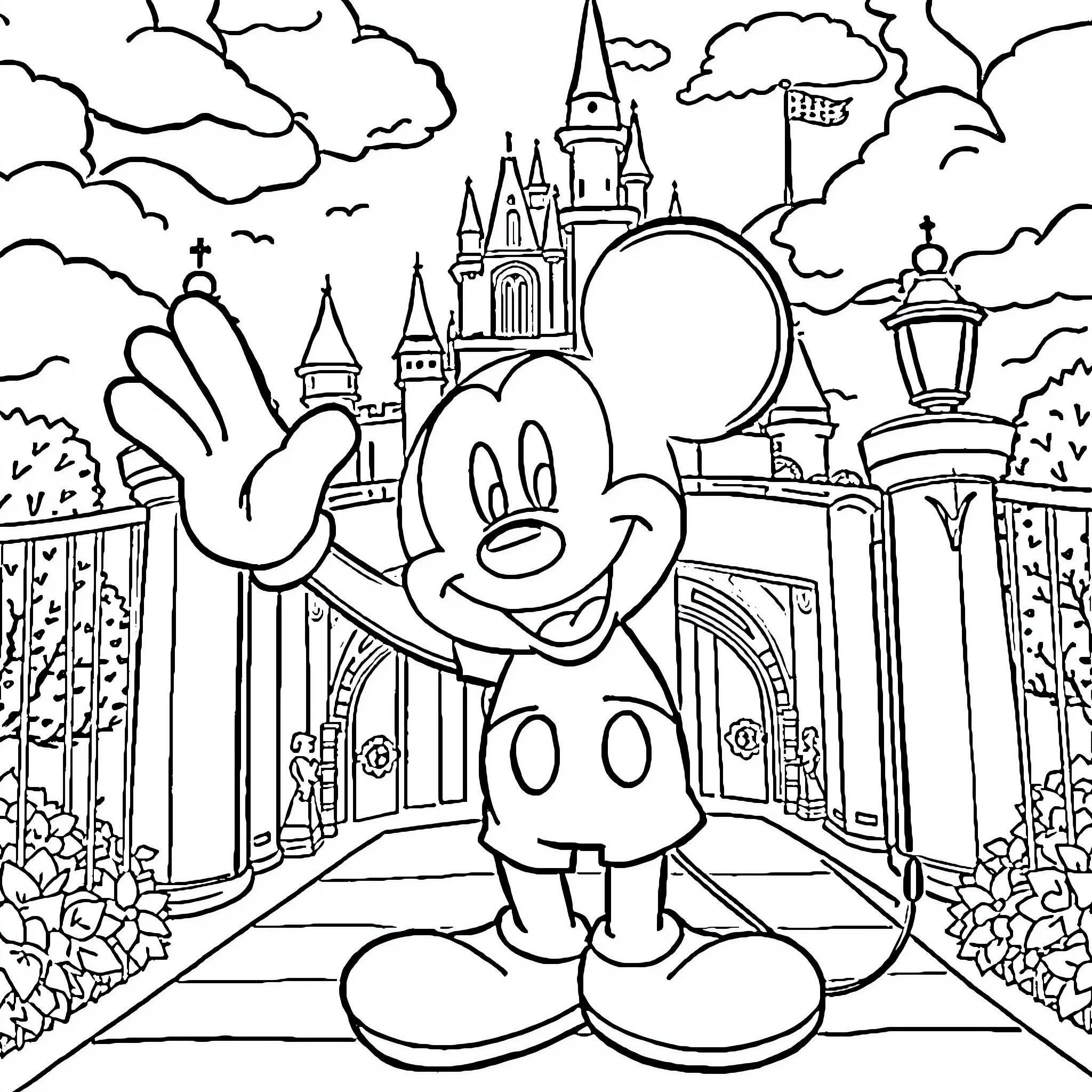 Mickey Mouse waving at Disney castle Coloring Page (free black-and-white line drawing printable PDF for all, from beginners to advanced learners, including children, teens, adults, and seniors)