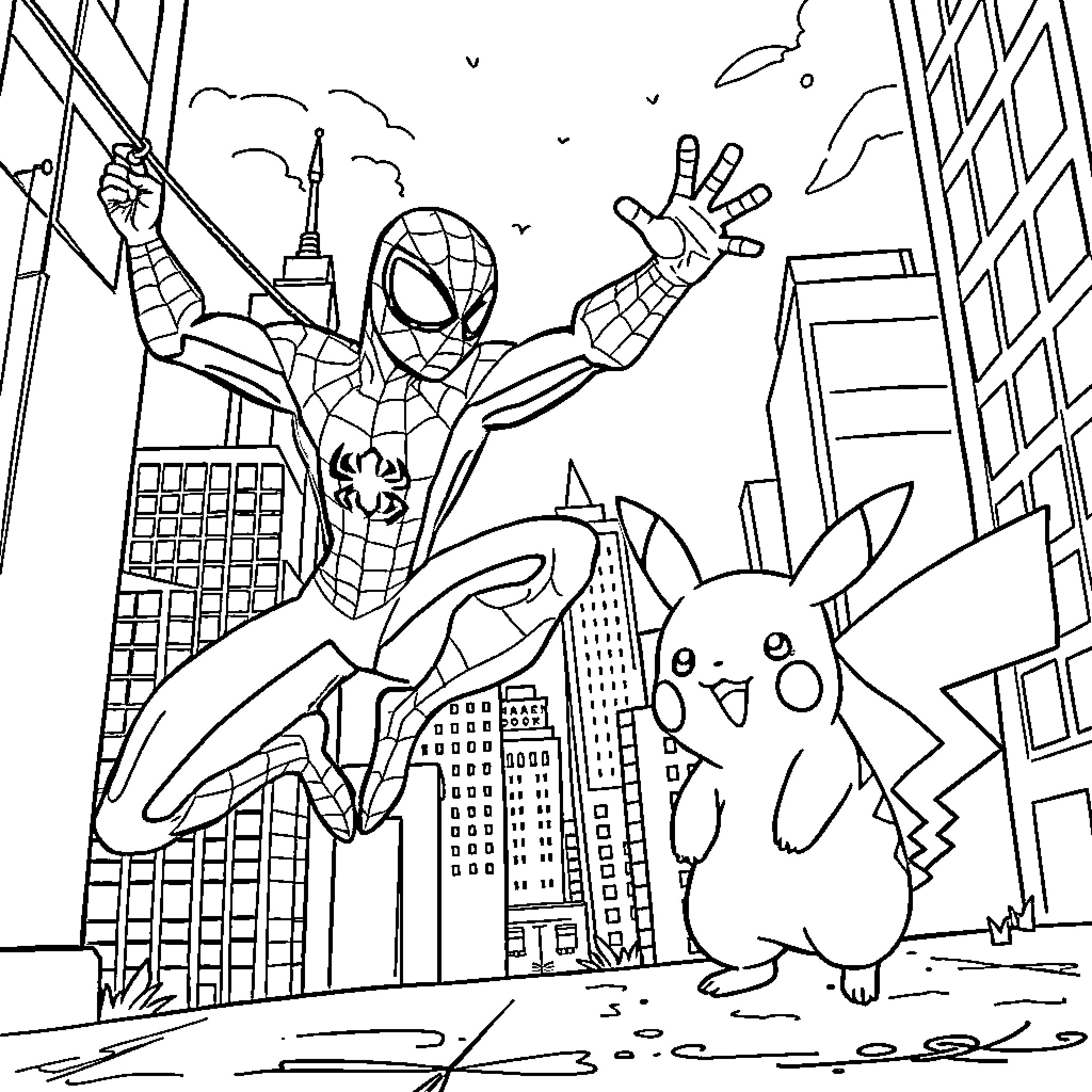 Spider-Man swinging through the city with Pikachu Coloring Page (free black-and-white line drawing printable PDF for all, from beginners to advanced learners, including children, teens, adults, and seniors)