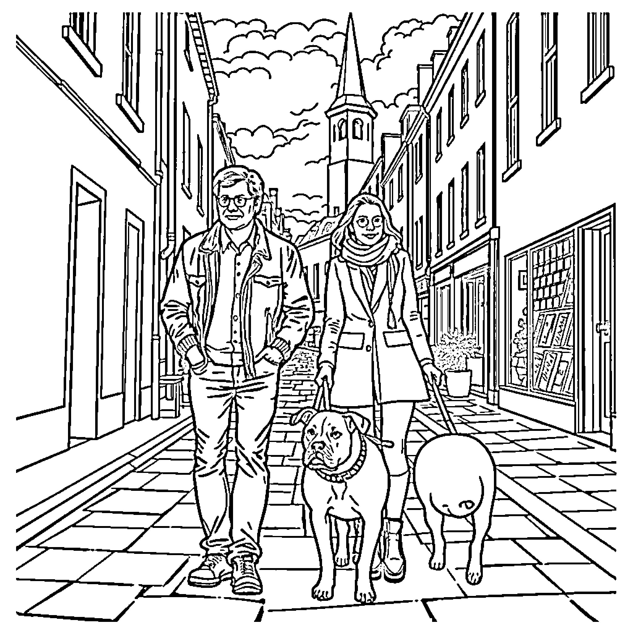 Man and woman walking with dogs in the city Coloring Page (free black-and-white line drawing printable PDF for all, from beginners to advanced learners, including children, teens, adults, and seniors)
