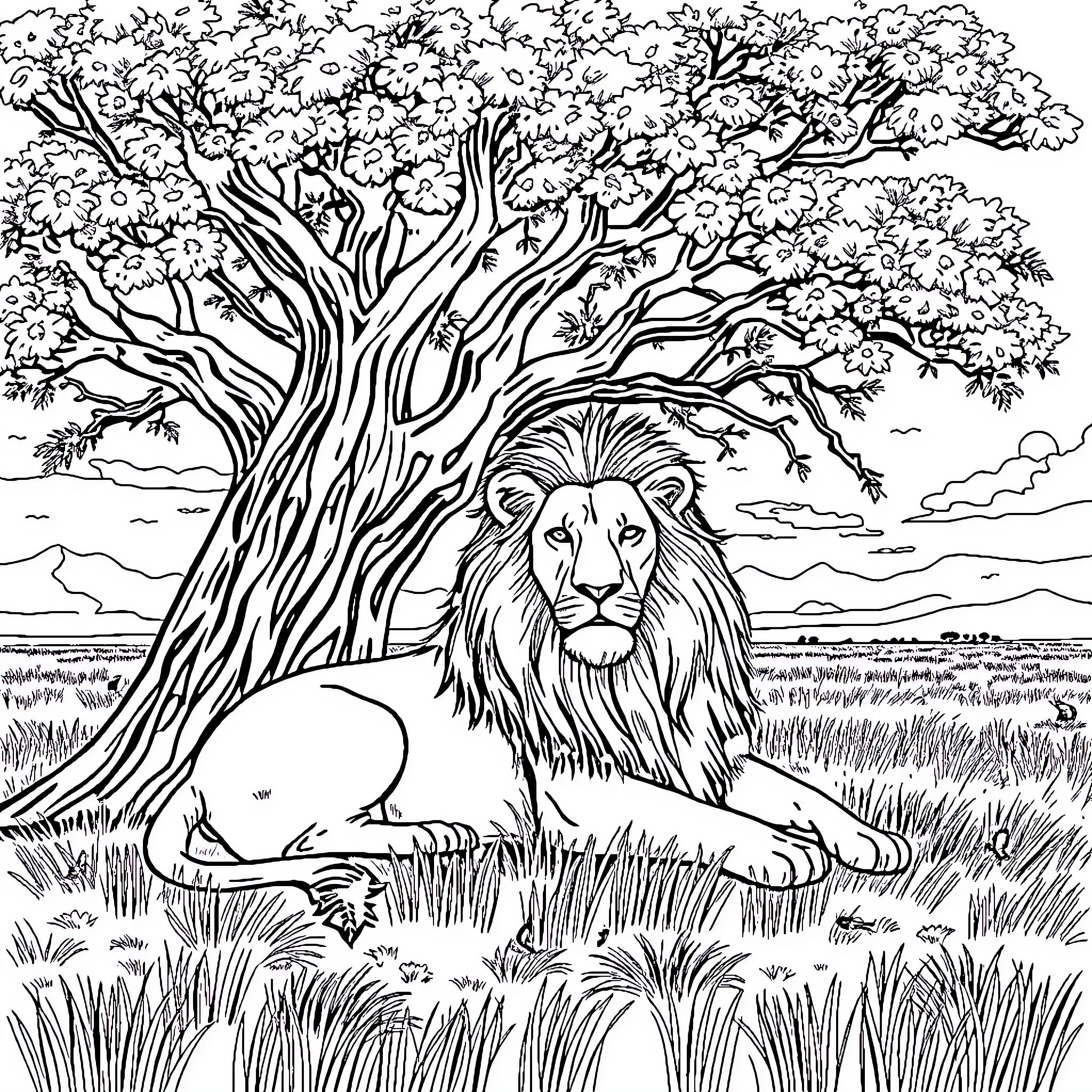 Lion resting under the large tree Coloring Page (free black-and-white line drawing printable PDF for all, from beginners to advanced learners, including children, teens, adults, and seniors)