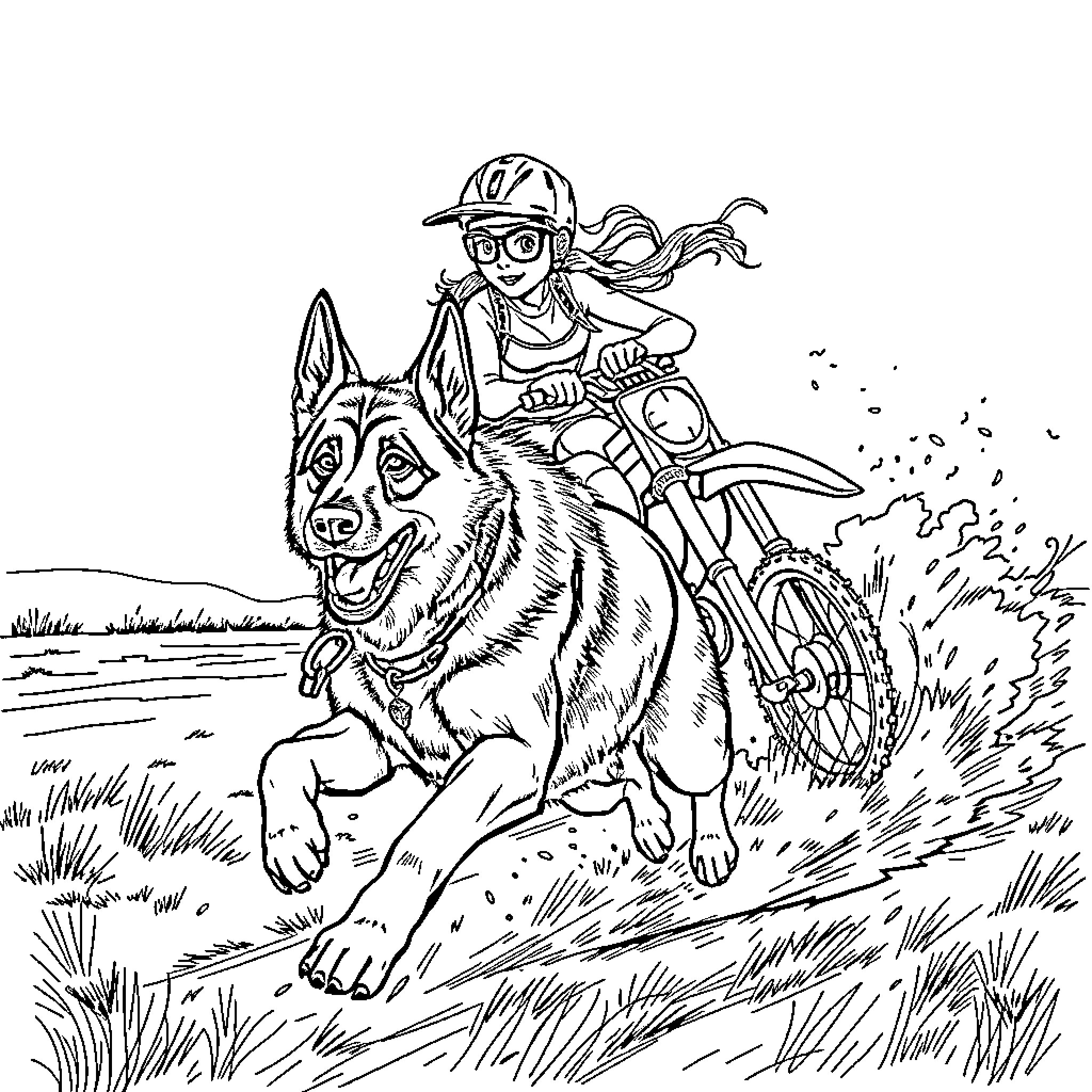 German Shepherd and Rider Racing Through the Countryside Coloring Page (free black-and-white line drawing printable PDF for all, from beginners to advanced learners, including children, teens, adults, and seniors)