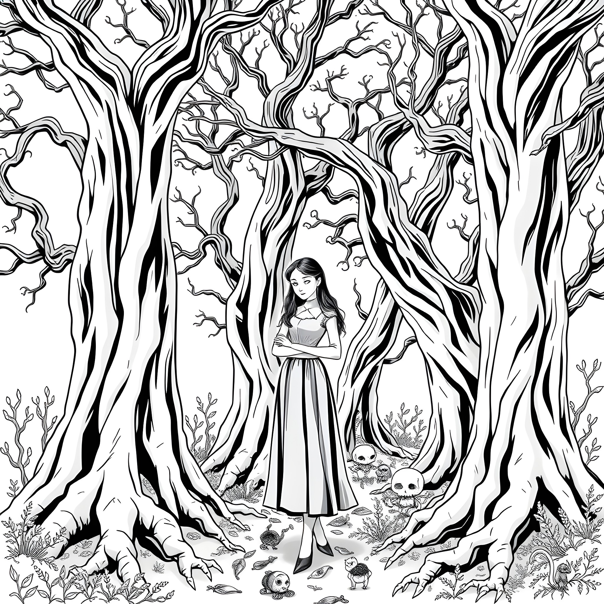 Wednesday in the Twisted Forest Coloring Page (free black-and-white line drawing printable PDF for all, from beginners to advanced learners, including children, teens, adults, and seniors)