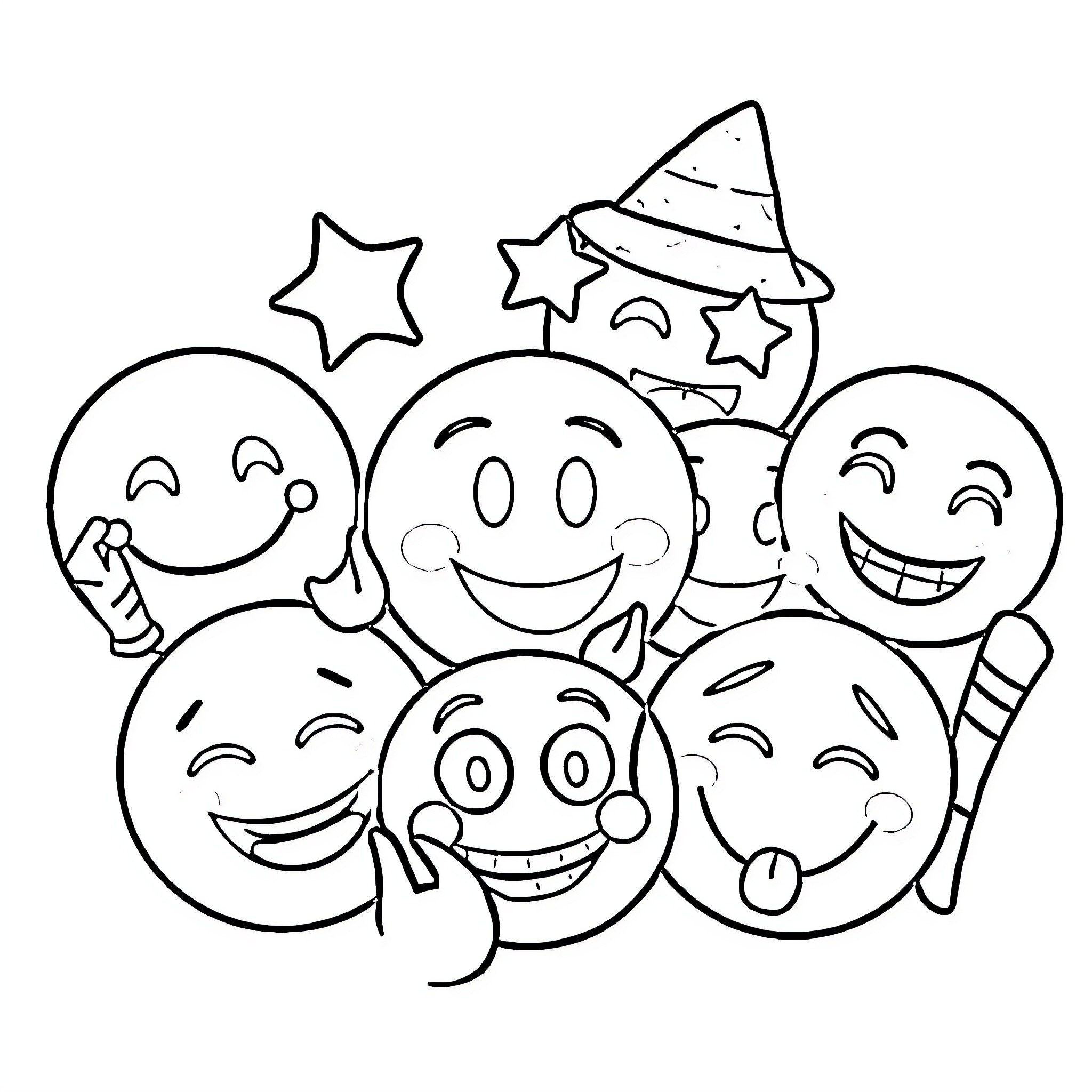 Emoji characters with diverse expressions and accessories Coloring Page (free black-and-white line drawing printable PDF for all, from beginners to advanced learners, including children, teens, adults, and seniors)
