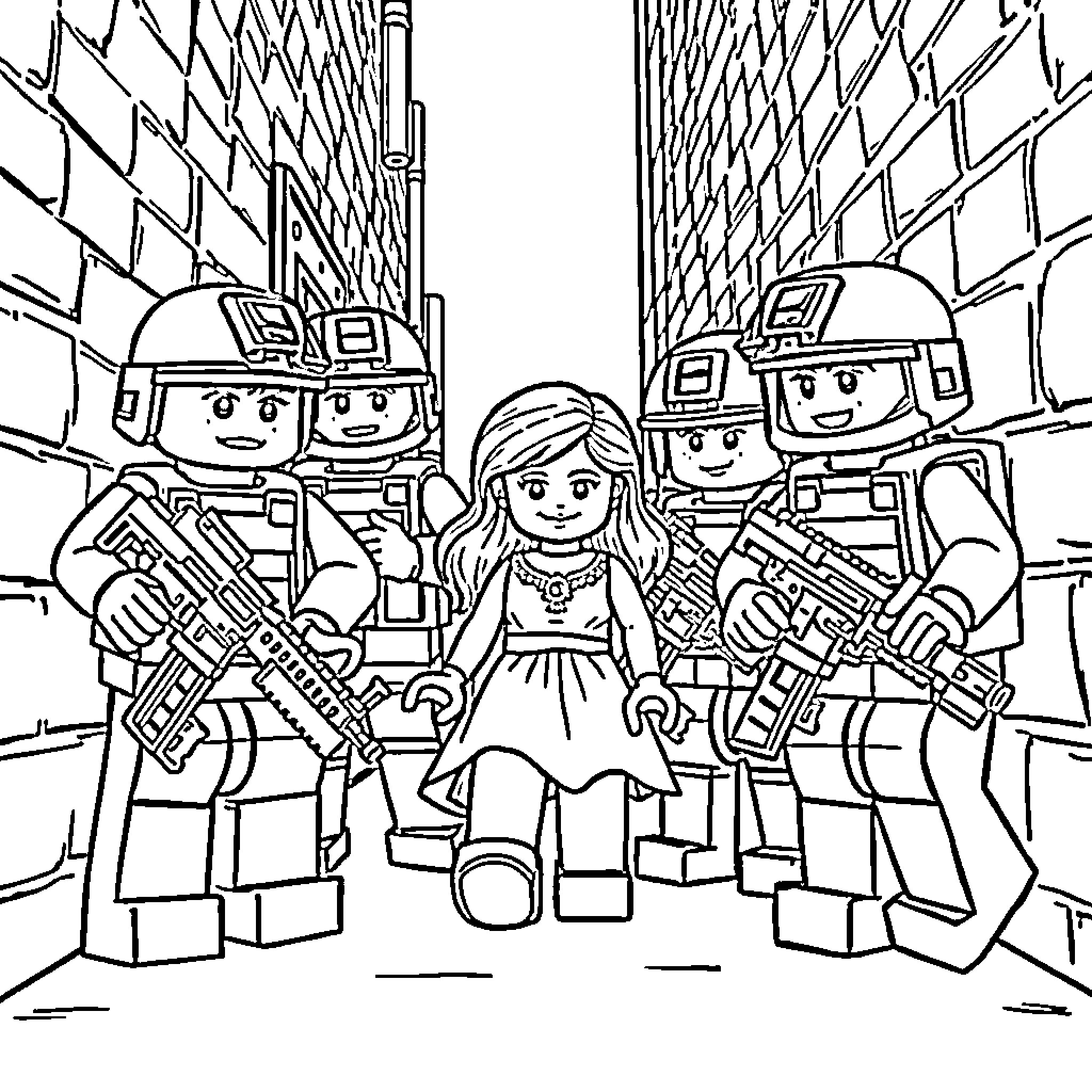 Lego figures in a battle scene Coloring Page (free black-and-white line drawing printable PDF for all, from beginners to advanced learners, including children, teens, adults, and seniors)