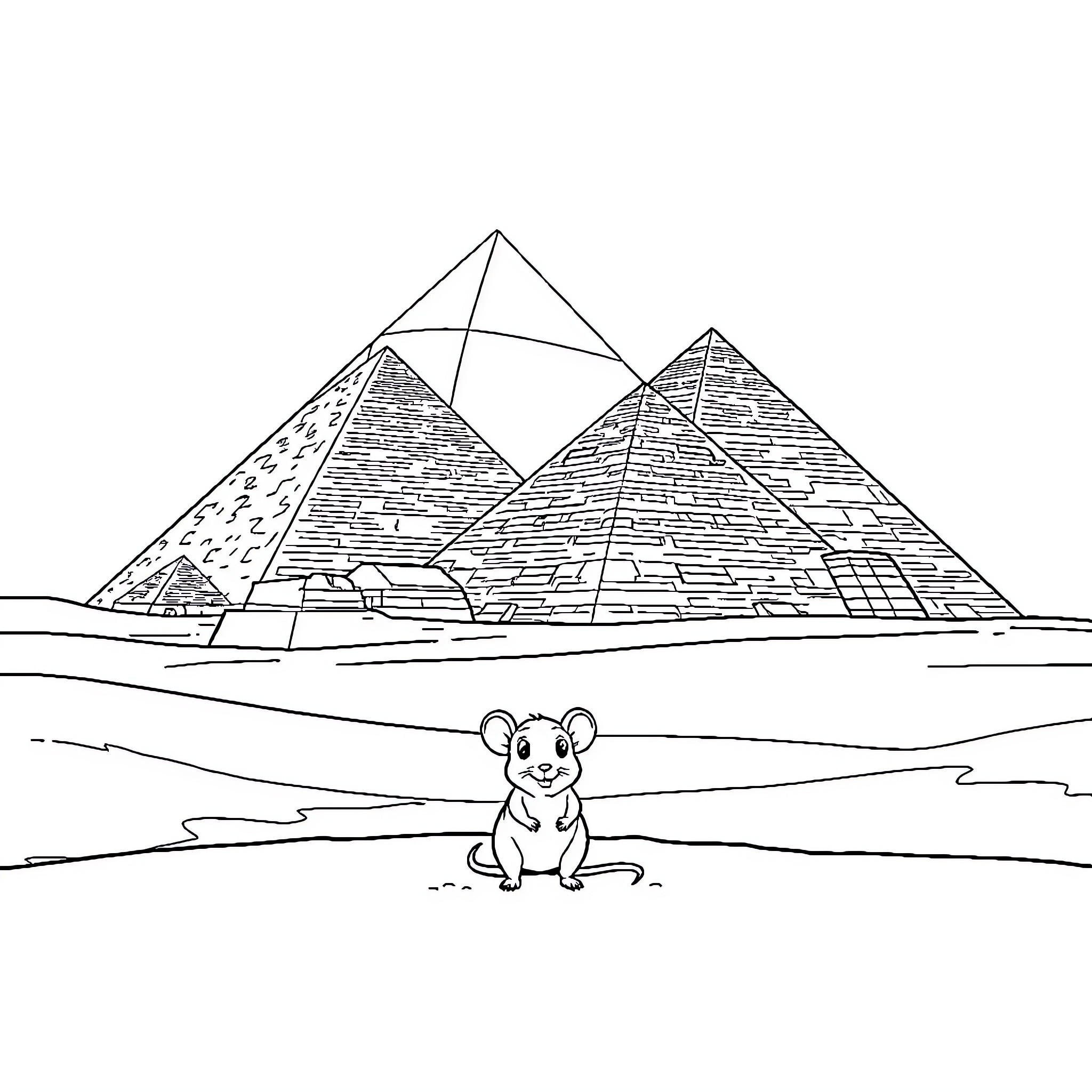 Mouse exploring the ancient Egyptian pyramids Coloring Page (free black-and-white line drawing printable PDF for all, from beginners to advanced learners, including children, teens, adults, and seniors)