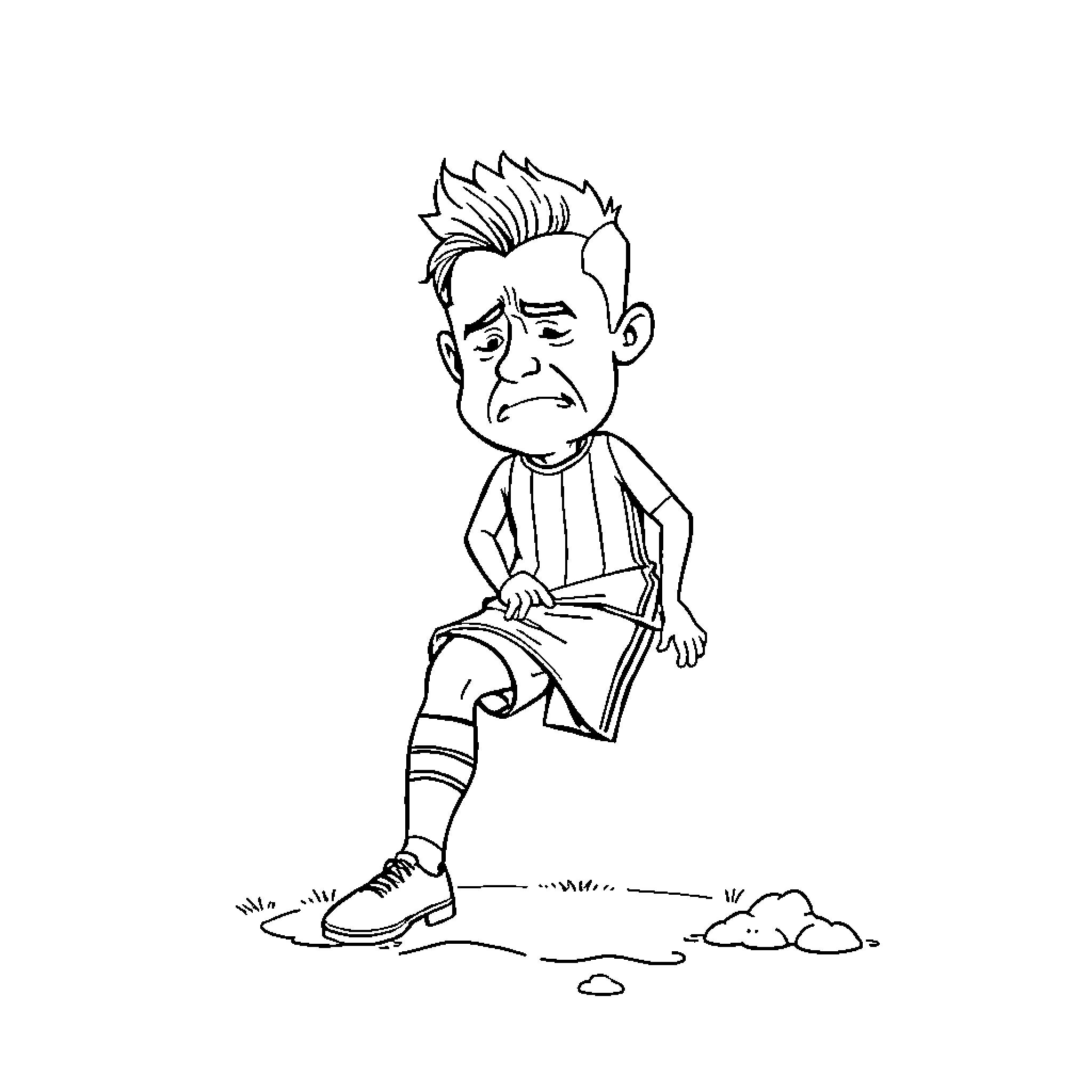 Ronaldo looking dejected on the field Coloring Page (free black-and-white line drawing printable PDF for all, from beginners to advanced learners, including children, teens, adults, and seniors)